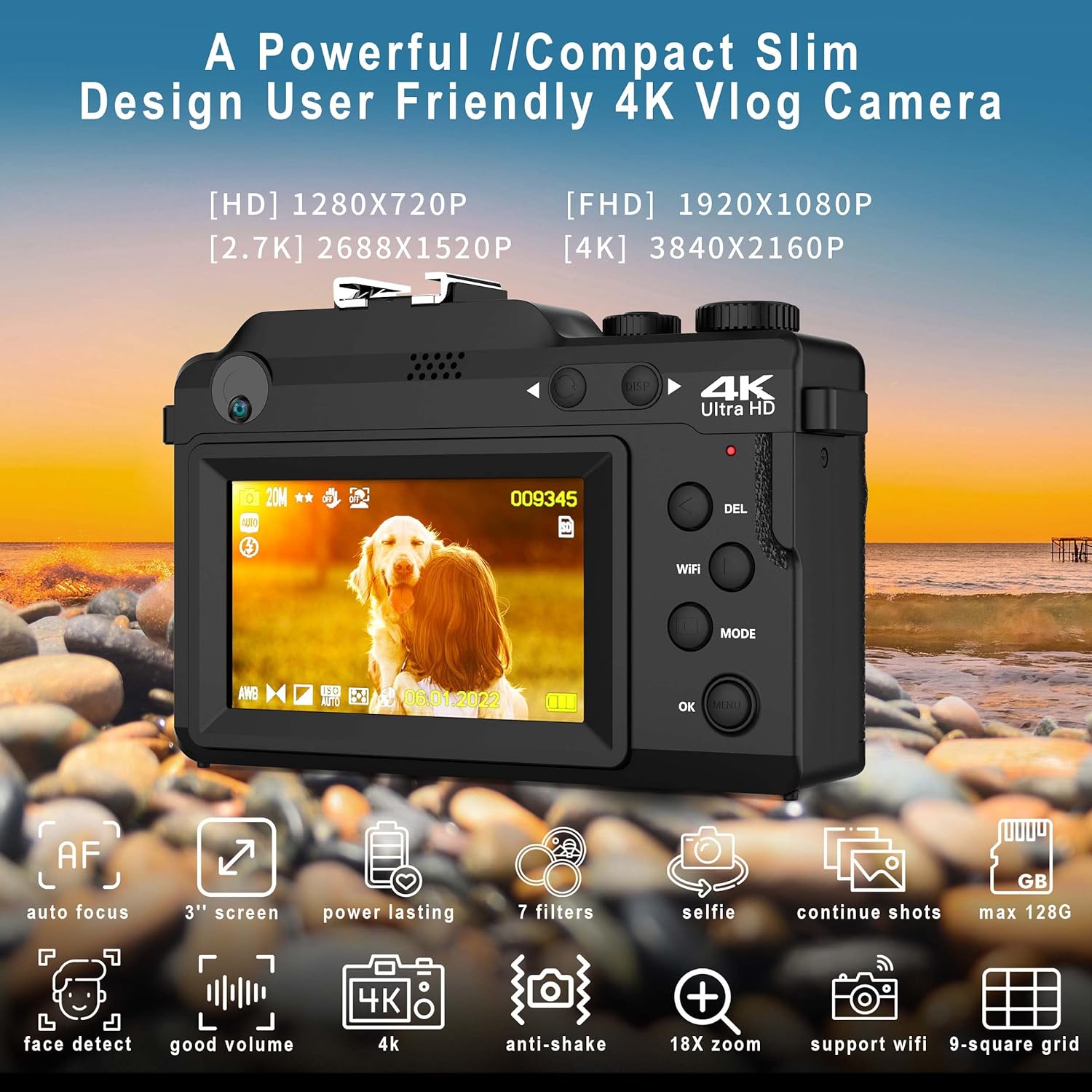 Vlogging Camera, 4K 48MP Digital Camera with WiFi, Free 32G TF Card & Hand Strap, Auto Focus & Anti-Shake, Built-in 7 Color Filters, Face Detect, 3'' IPS Screen, 140°Wide Angle, 18X Digital Zoom AA-20