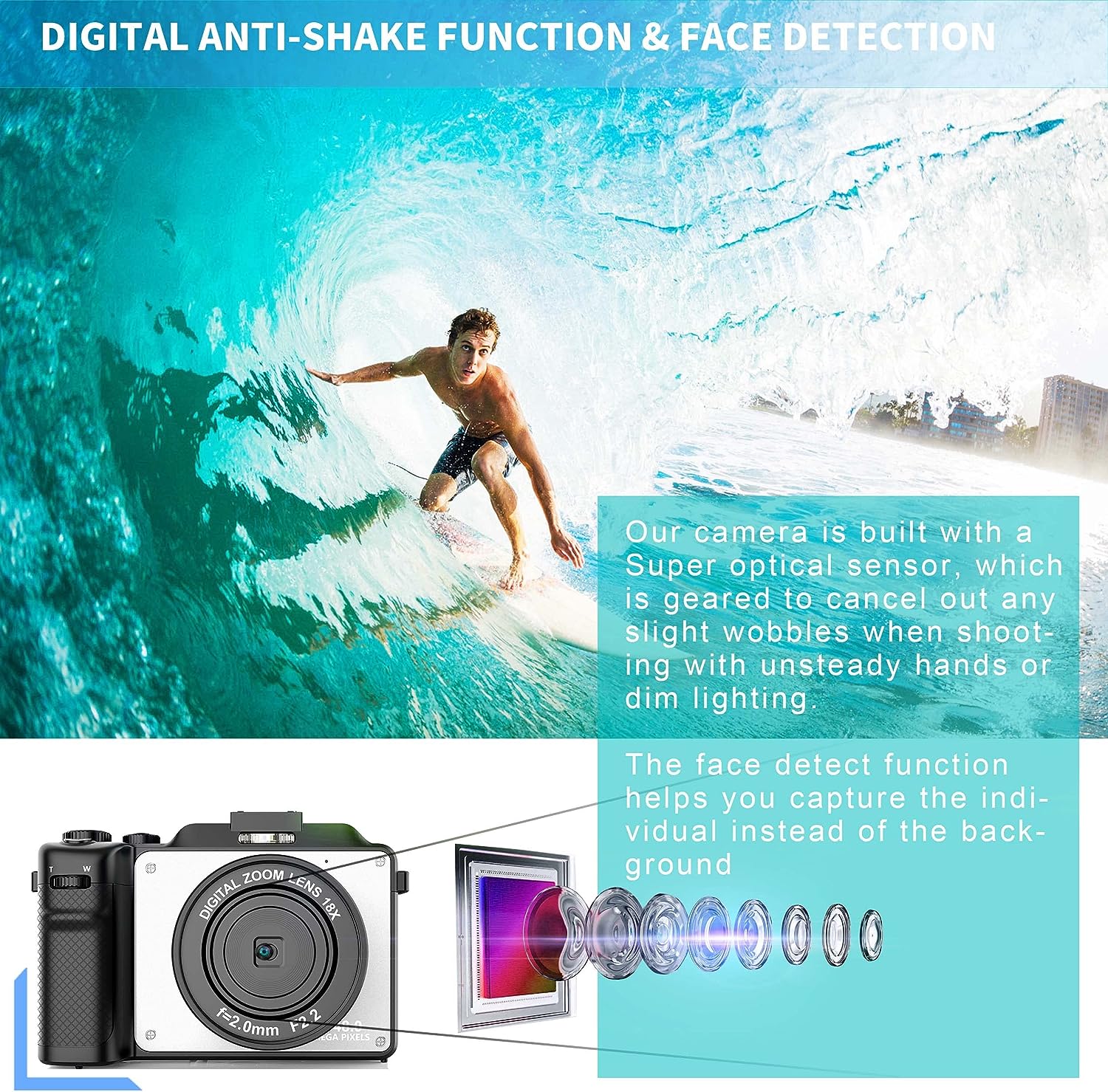 Vlogging Camera, 4K 48MP Digital Camera with WiFi, Free 32G TF Card & Hand Strap, Auto Focus & Anti-Shake, Built-in 7 Color Filters, Face Detect, 3'' IPS Screen, 140°Wide Angle, 18X Digital Zoom AA-20