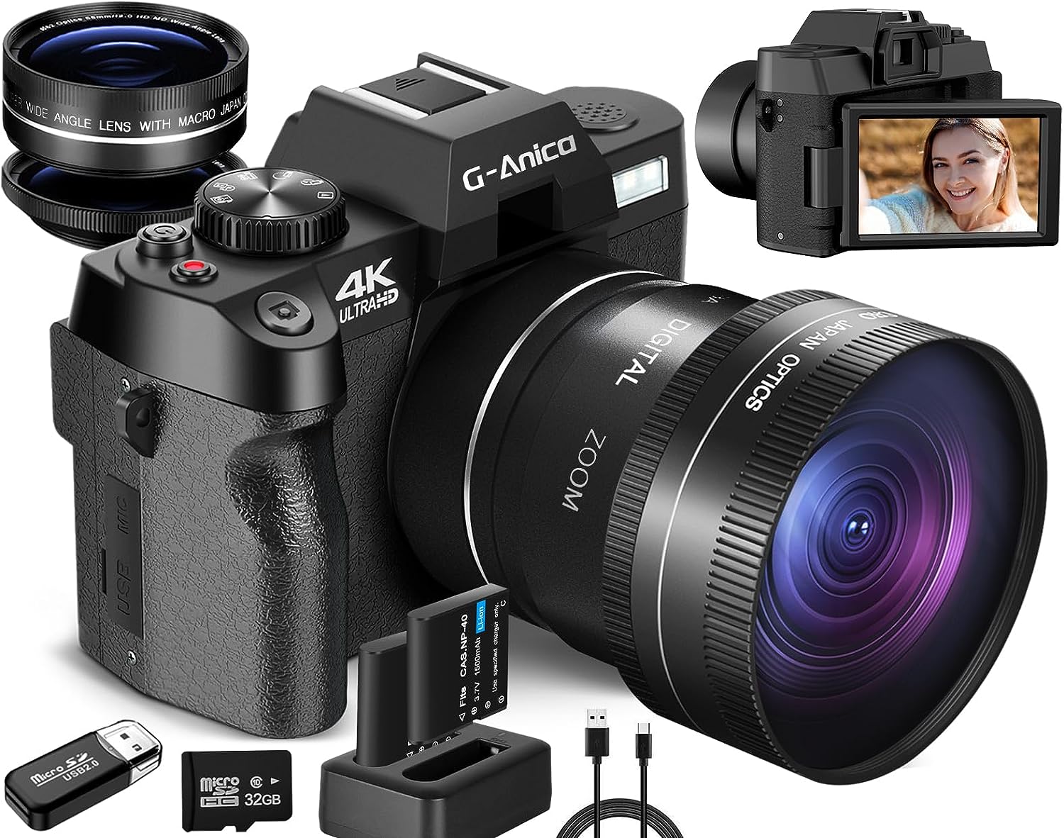 4K Digital Cameras for Photography, 48MP Vlogging Camera for YouTube with WiFi, 180° Flip Screen Compact Camera with Flash, 16X Digital Zoom Travel Camera with Wide-Angle &Macro Lens (2 Batteries)