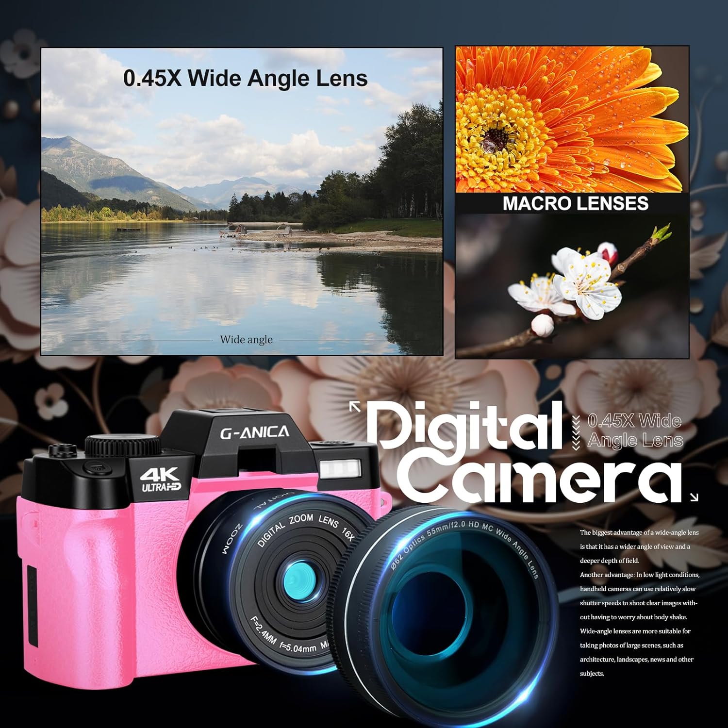 4K Digital Cameras for Photography, 48MP Vlogging Camera for YouTube with WiFi, 180° Flip Screen Compact Camera with Flash, 16X Digital Zoom Travel Camera with Wide-Angle &Macro Lens (2 Batteries)