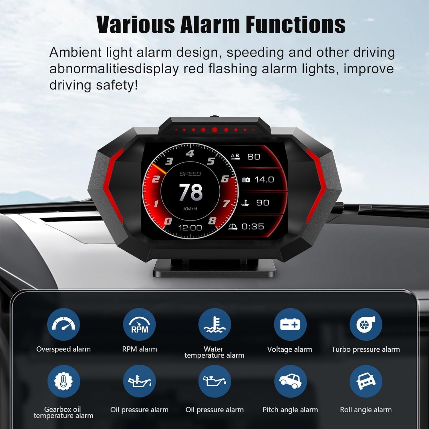 Acteam HUD Heads Up Display for Car, OBD+GPS Multi-Data Monitor Digital Speedometer Head Up Display, Overspeed Alarm RPM Water Temperature Turbo Pressure Smart Gauge for Most Vehicles After 2008