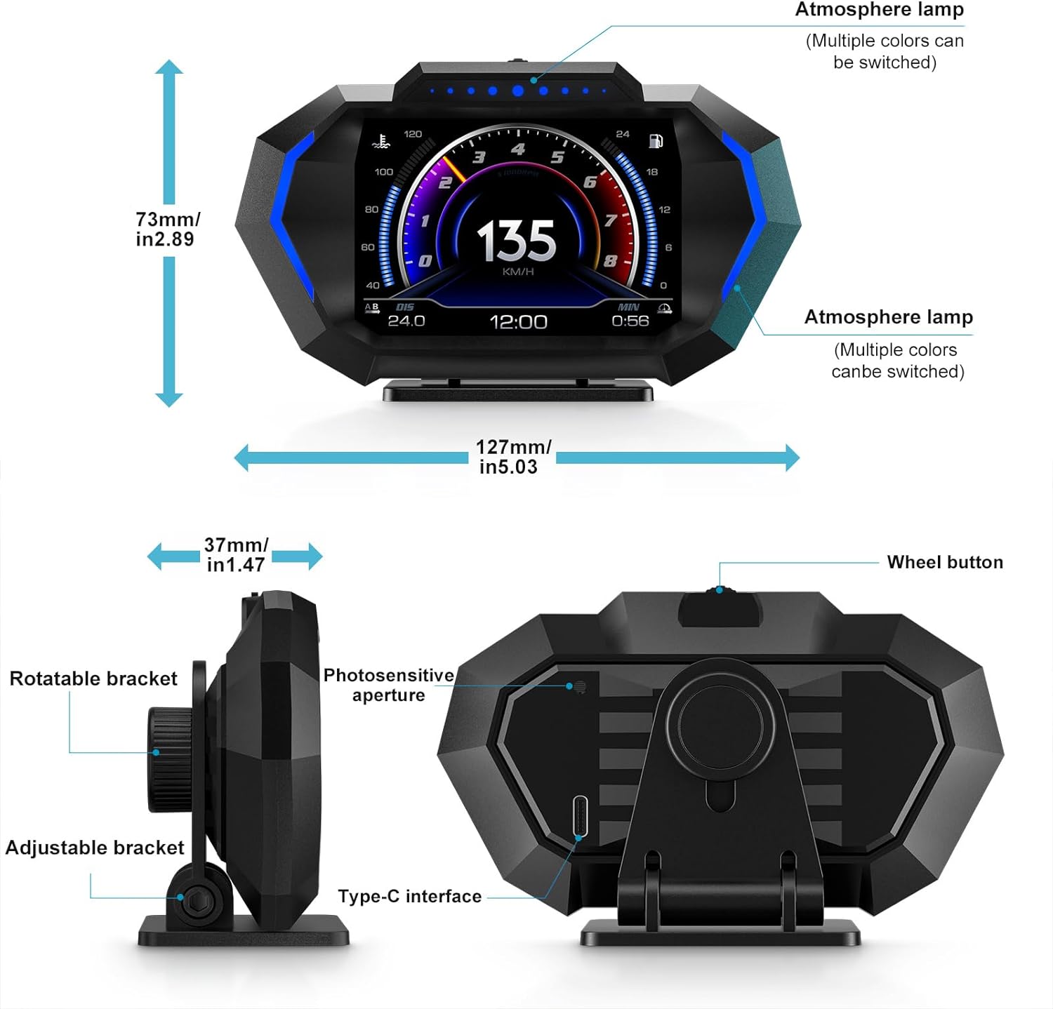 Acteam HUD Heads Up Display for Car, OBD+GPS Multi-Data Monitor Digital Speedometer Head Up Display, Overspeed Alarm RPM Water Temperature Turbo Pressure Smart Gauge for Most Vehicles After 2008