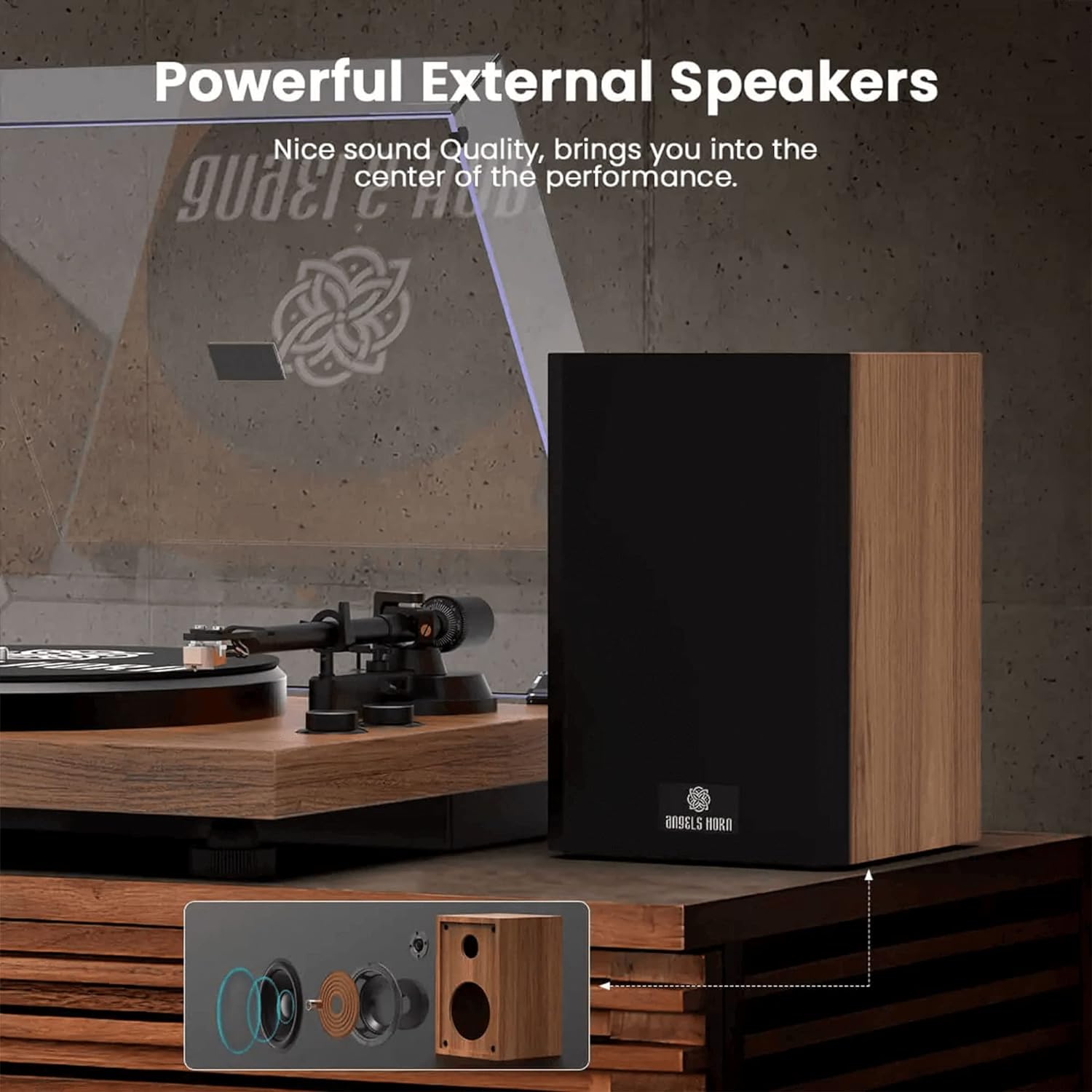 ANGELS HORN Bluetooth Vinyl Record Player with 2 Bookshelf Stereo Speakers, Built-In Phono Preamp, Audio-Technica Cartridge and Stylus, Walnut