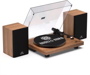 ANGELS HORN Bluetooth Vinyl Record Player with 2 Bookshelf Stereo Speakers, Built-In Phono Preamp, Audio-Technica Cartridge and Stylus, Walnut