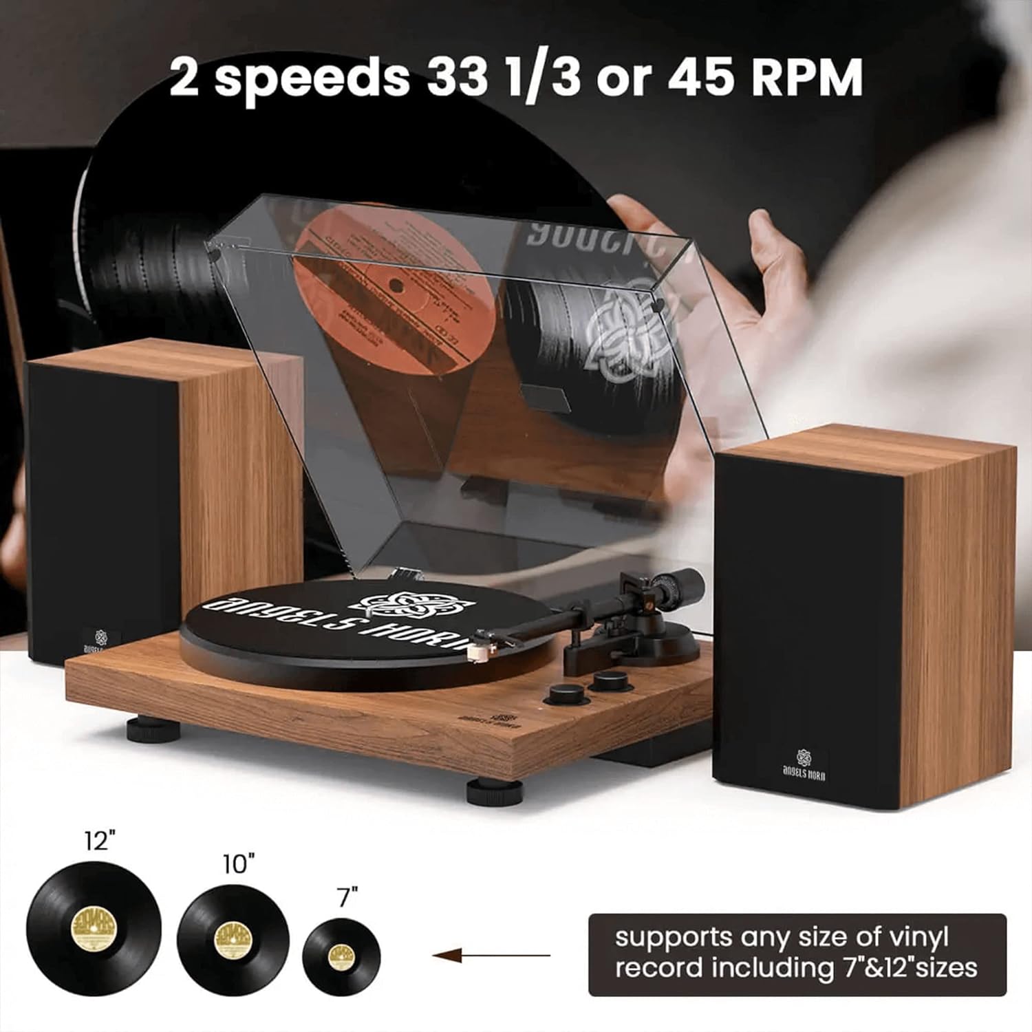 ANGELS HORN Bluetooth Vinyl Record Player with 2 Bookshelf Stereo Speakers, Built-In Phono Preamp, Audio-Technica Cartridge and Stylus, Walnut