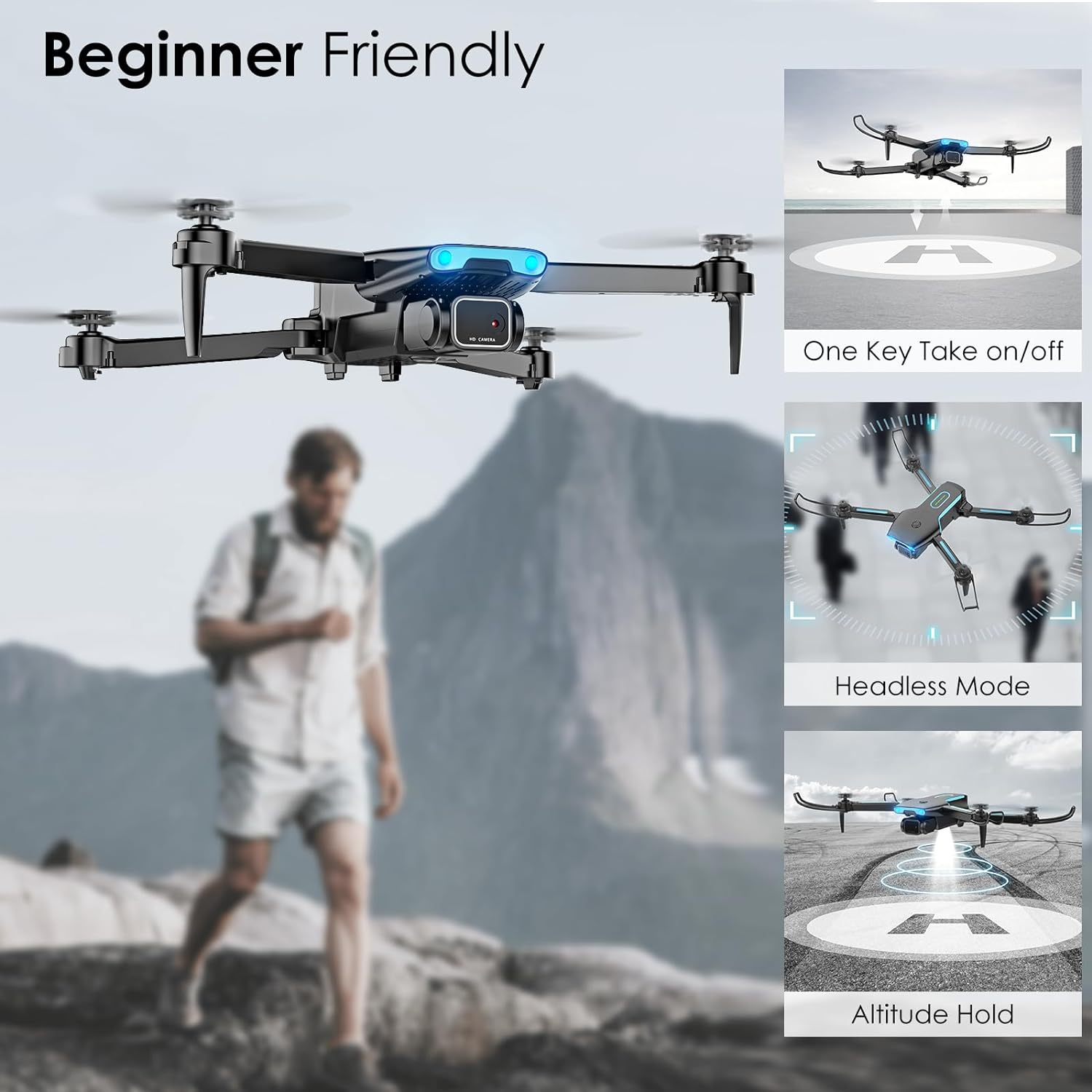 Bokigibi Drone with 1080P HD FPV Camera, RC Aircraft Quadcopter with Headless,3D Flips, One Key Start, Voice/Gravity Control, Speed Adjustment, 2 Batteries, Foldable Drone for Kids, Adults, Beginners