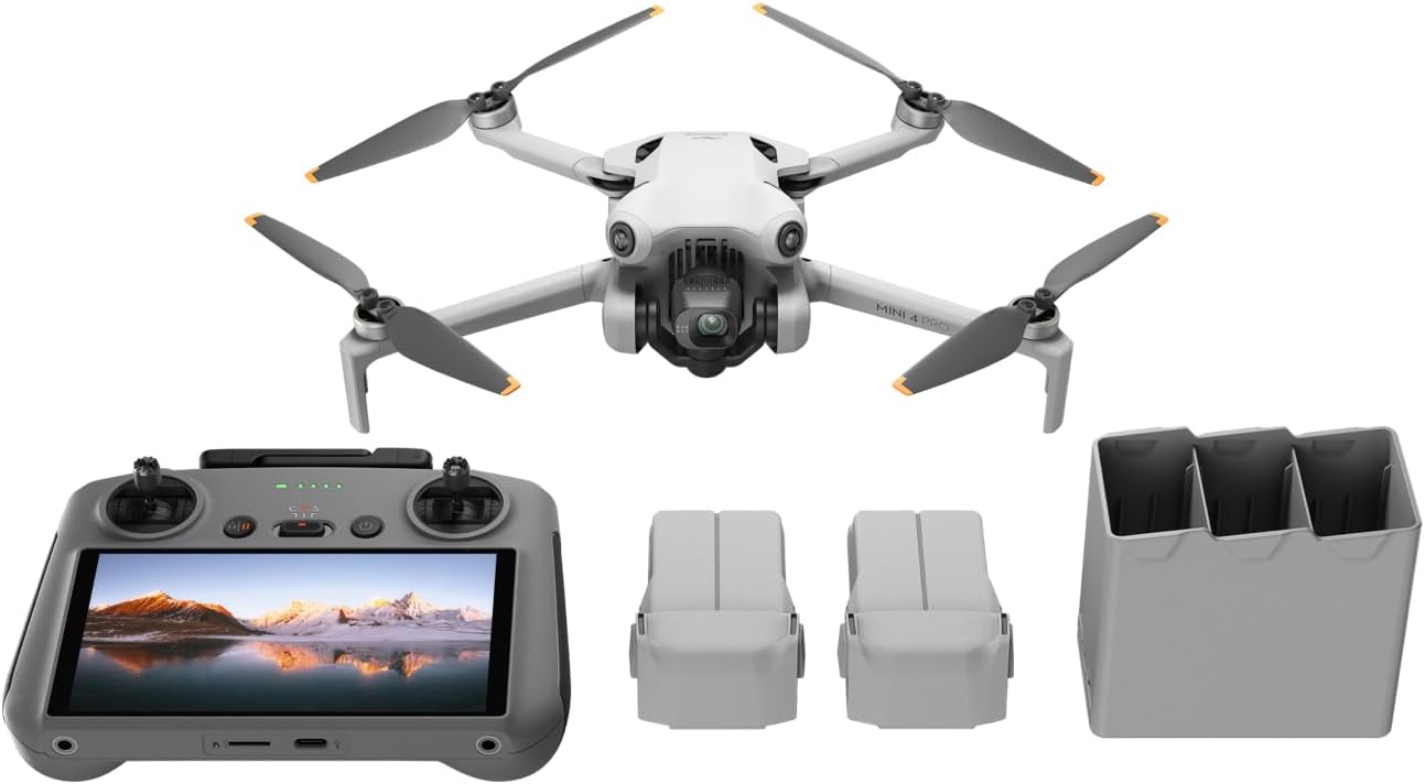 DJI Mini 4 Pro Fly More Combo Plus with DJI RC 2 (Screen Remote Controller), Folding Mini-Drone with 4K HDR Video Camera for Adults, 2 Extra Intelligent Flight Batteries Plus for 45-Min Flight Time