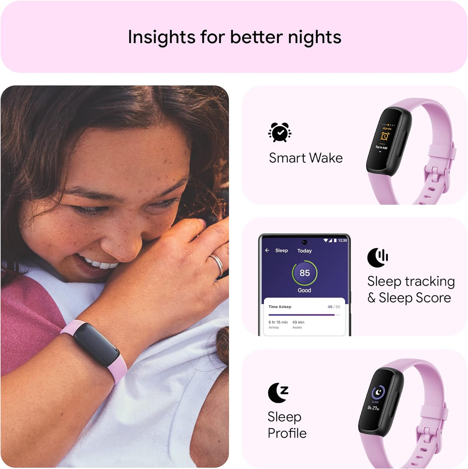 Fitbit Inspire 3 Health & Fitness Tracker with Stress Management, Workout Intensity, Sleep Tracking, 24/7 Heart Rate and more, Lilac Bliss/Black, One Size (S & L Bands Included)