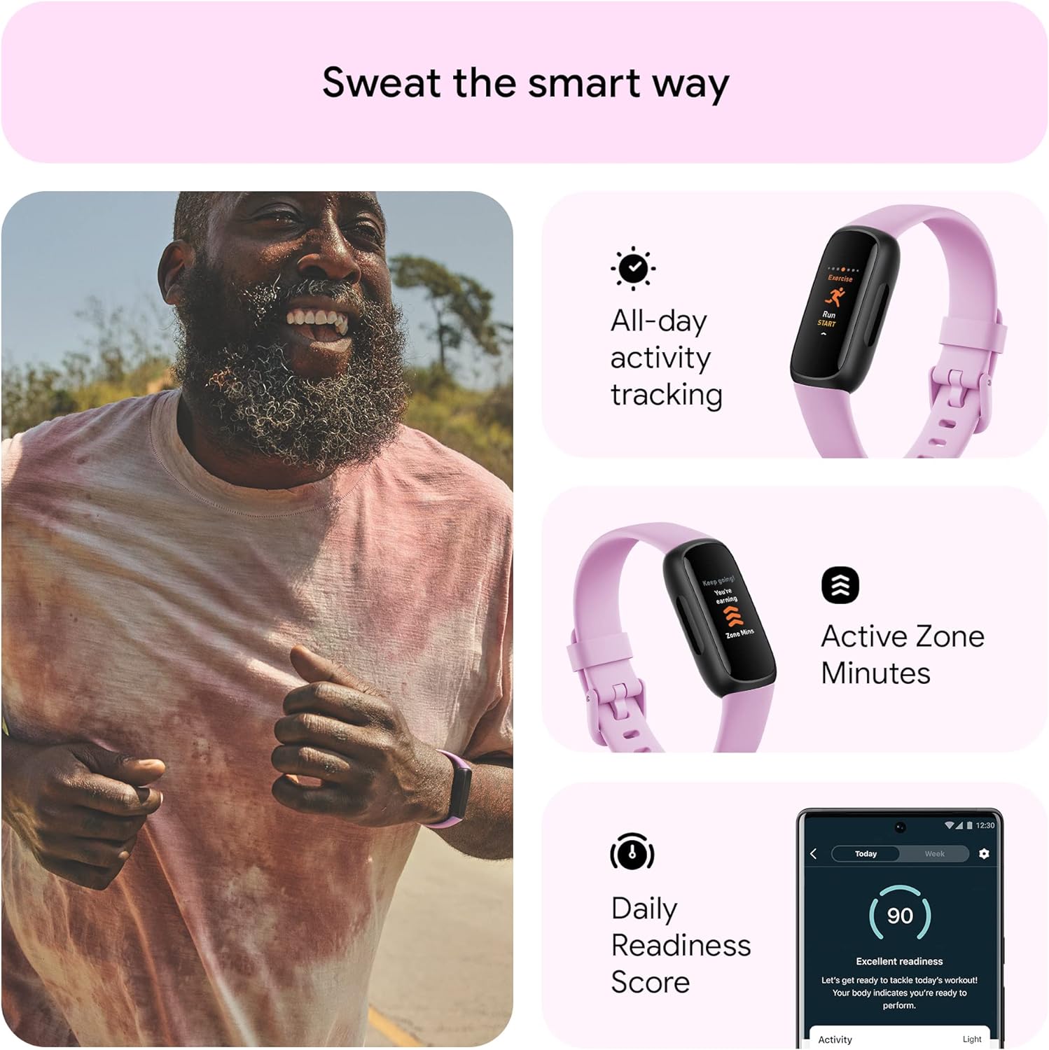 Fitbit Inspire 3 Health & Fitness Tracker with Stress Management, Workout Intensity, Sleep Tracking, 24/7 Heart Rate and more, Lilac Bliss/Black, One Size (S & L Bands Included)