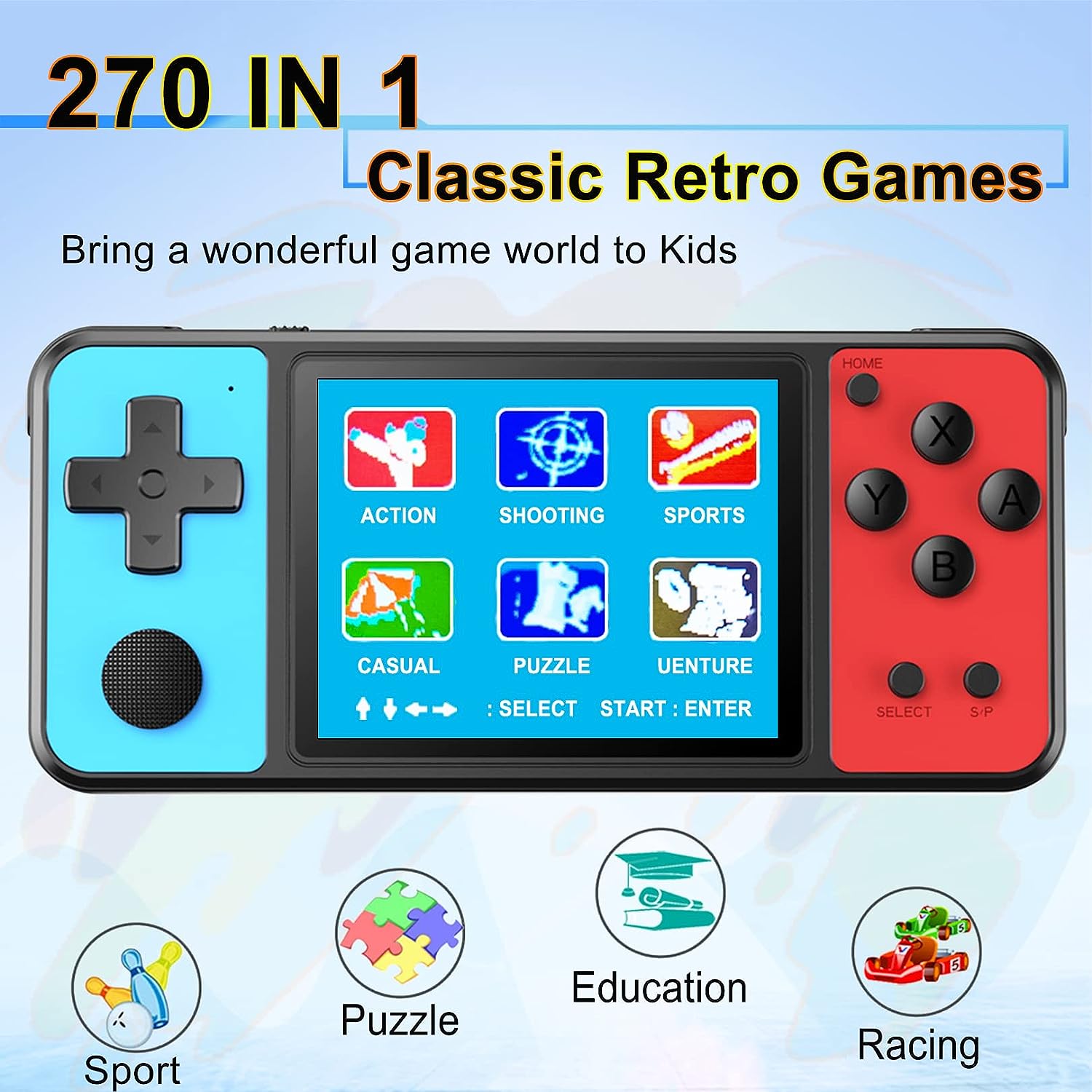 Great Boy Handheld Game Console for Kids Aldults Preloaded 270 Classic Retro Games with 3.0'' Color Display and Gamepad Rechargeable Arcade Gaming Player (Black)