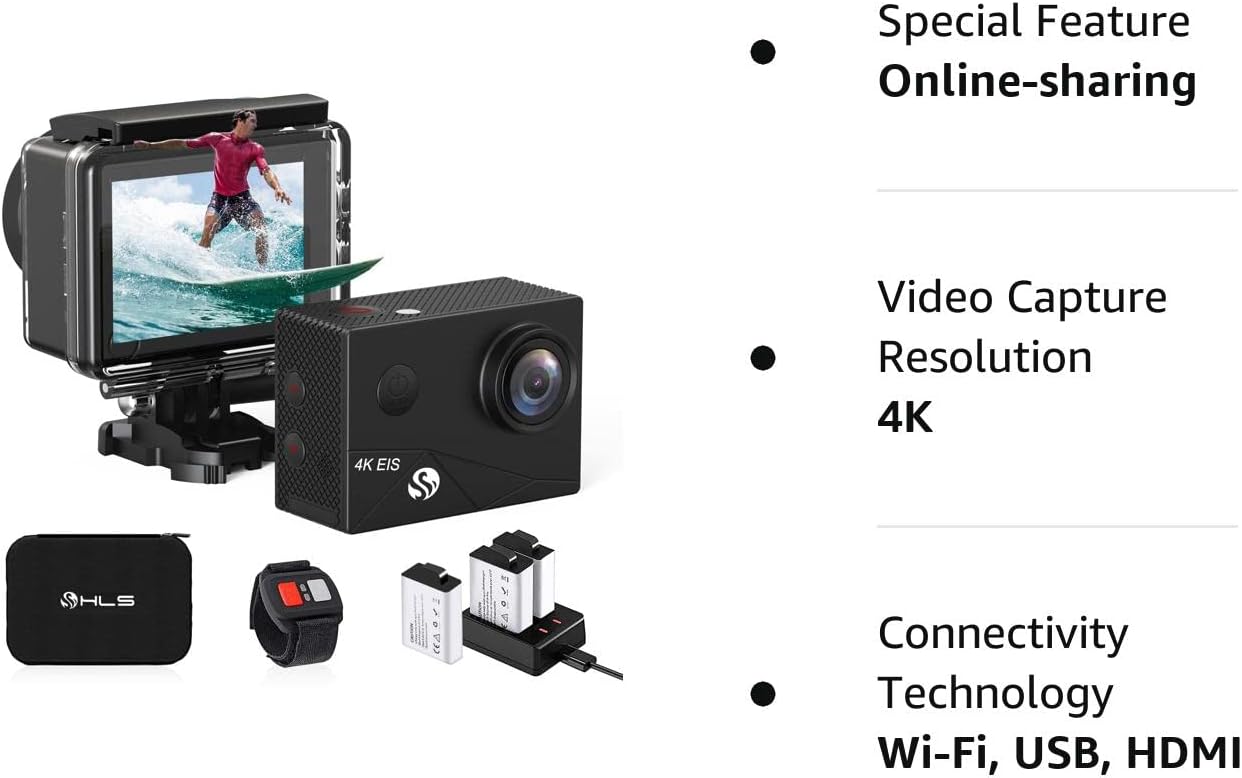 HLS 4k Action Camera Waterproof with 3 Batteries,Underwater Camera with Wide Angle Lens,Outdoor Sports Camera with Selfie Stick Kit & Remote Control