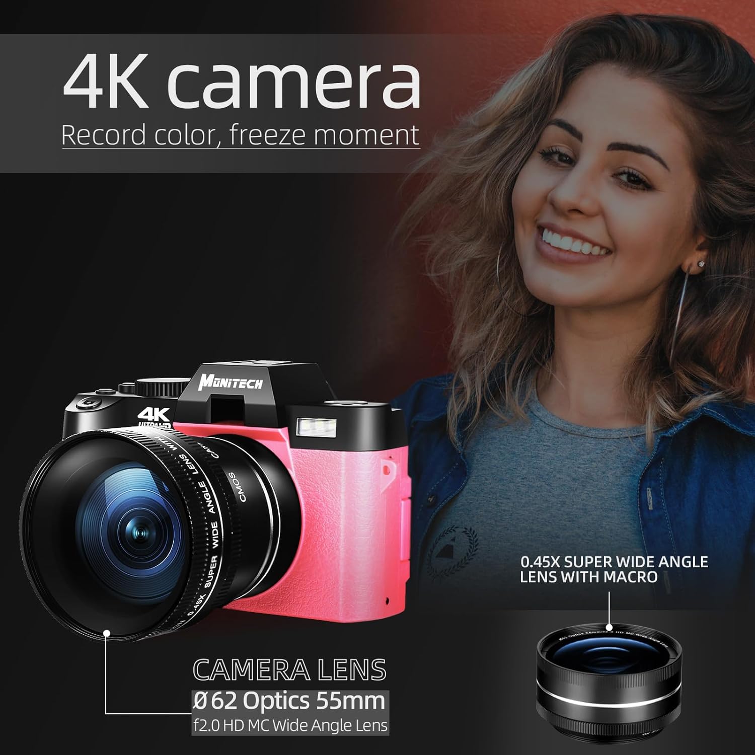 Mo Digital Cameras for Photography & 4K Video, 48 MP Vlogging Camera for YouTube with 180° Flip Screen,16X Digital Zoom,Flash & Autofocus,52mm Wide Angle & Macro Lens,2 Batteries,32GB SD Card