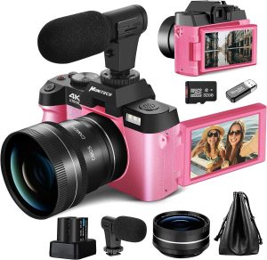 Mo Digital Cameras for Photography & 4K Video, 48 MP Vlogging Camera for YouTube with 180° Flip Screen,16X Digital Zoom,Flash & Autofocus,52mm Wide Angle & Macro Lens,2 Batteries,32GB SD Card