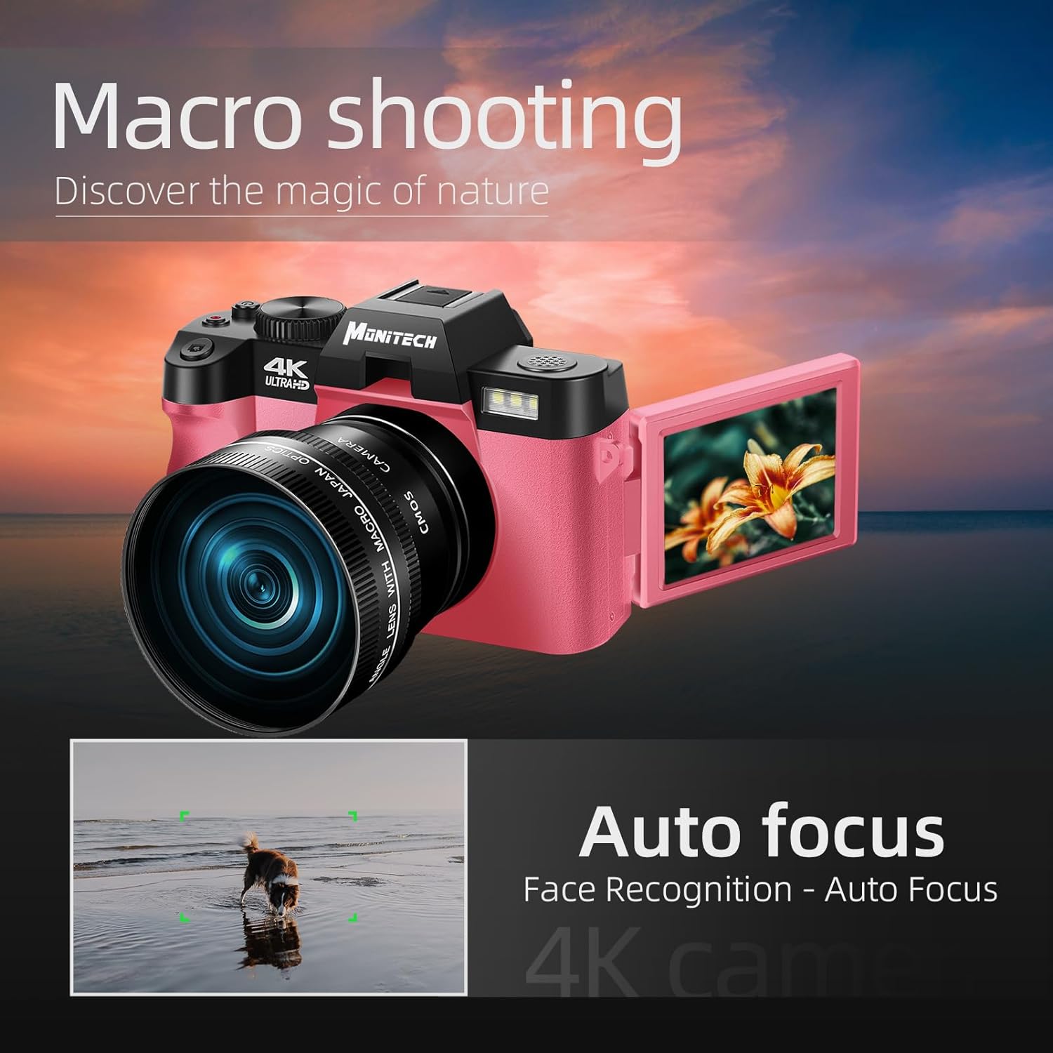 Mo Digital Cameras for Photography & 4K Video, 48 MP Vlogging Camera for YouTube with 180° Flip Screen,16X Digital Zoom,Flash & Autofocus,52mm Wide Angle & Macro Lens,2 Batteries,32GB SD Card