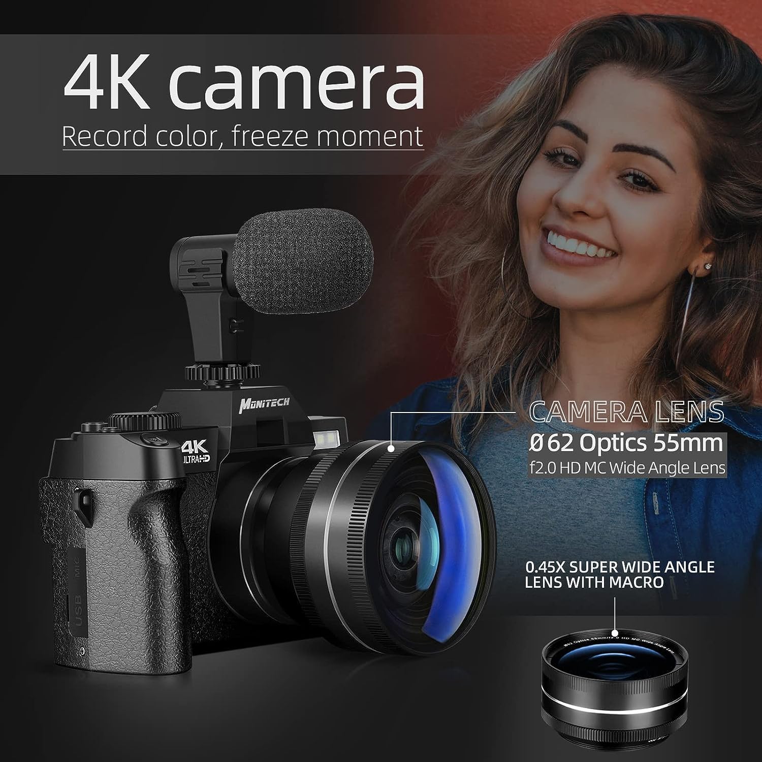 Mo Digital Cameras for Photography & 4K Video, 48 MP Vlogging Camera for YouTube with 180° Flip Screen,16X Digital Zoom,Flash & Autofocus,52mm Wide Angle & Macro Lens,2 Batteries,32GB SD Card