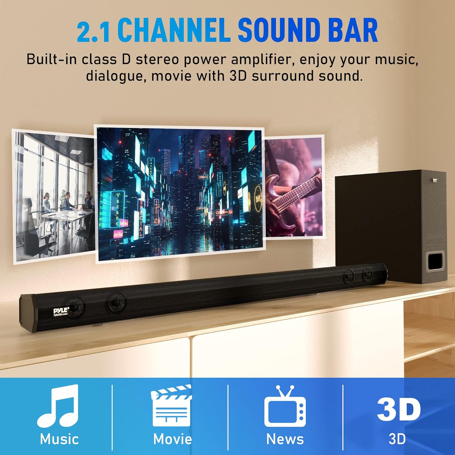 Pyle 2.1 Channel TV Soundbar Speaker - Wireless Bluetooth 500W 35'' Sound bar Home Theater Stereo System w/Subwoofer, HDMI-ARC, Optical, USB, AUX, Remote Control - PSBV28HB