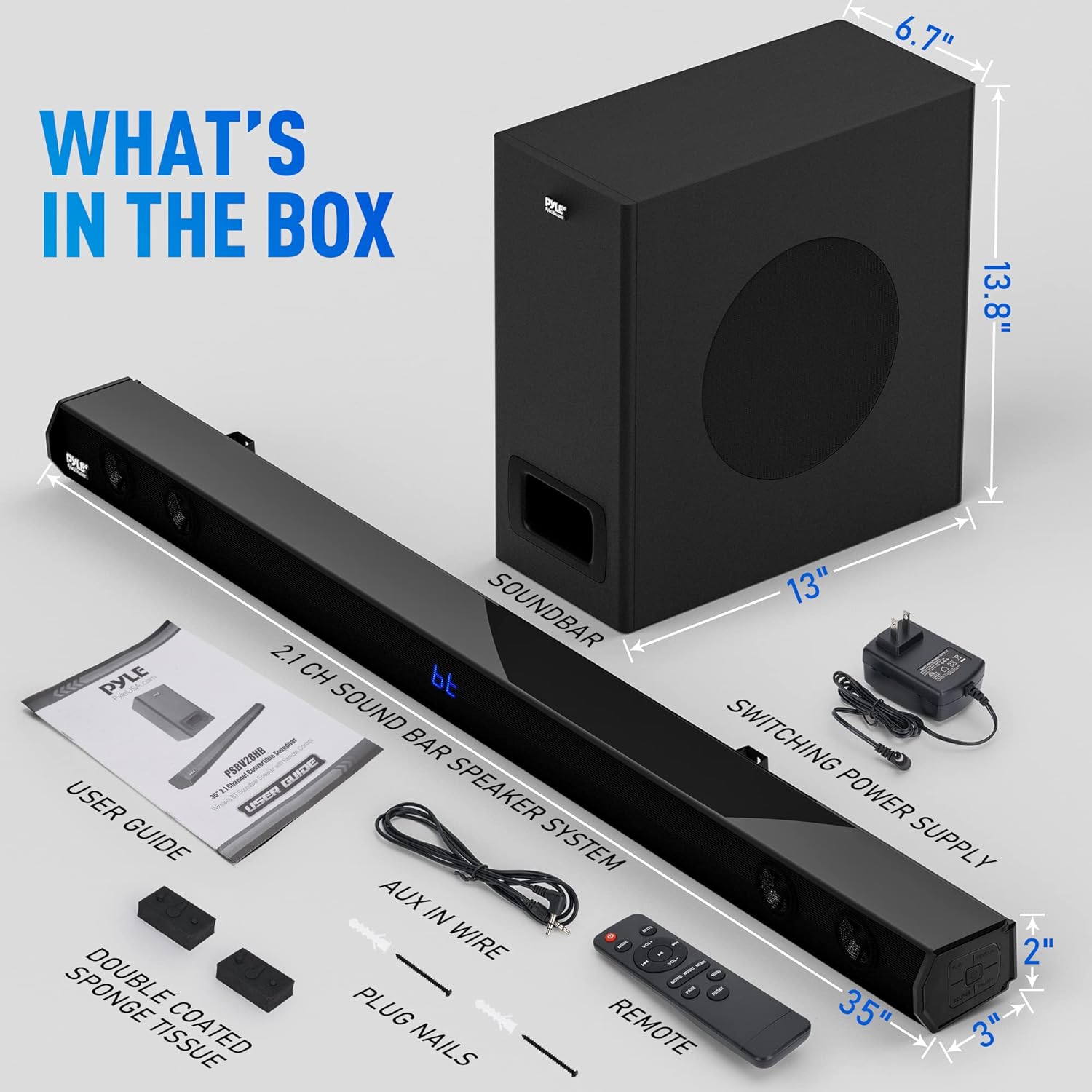 Pyle 2.1 Channel TV Soundbar Speaker - Wireless Bluetooth 500W 35'' Sound bar Home Theater Stereo System w/Subwoofer, HDMI-ARC, Optical, USB, AUX, Remote Control - PSBV28HB