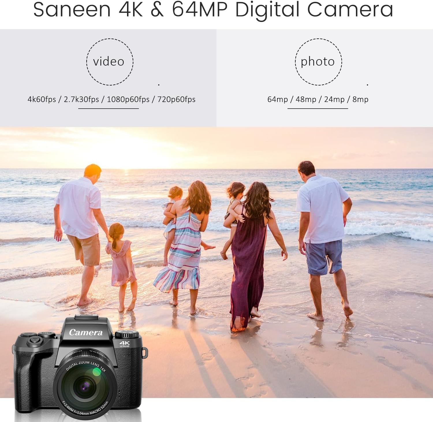 Saneen Digital Camera, 4k Cameras for Photography & Video, 64MP WiFi Touch Screen Vlogging Camera for YouTube with Flash, 32GB SD Card, Lens Hood, 3000mAH Battery, Front and Rear Cameras - Black