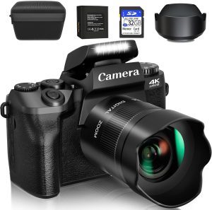 Saneen Digital Camera, 4k Cameras for Photography & Video, 64MP WiFi Touch Screen Vlogging Camera for YouTube with Flash, 32GB SD Card, Lens Hood, 3000mAH Battery, Front and Rear Cameras – Black