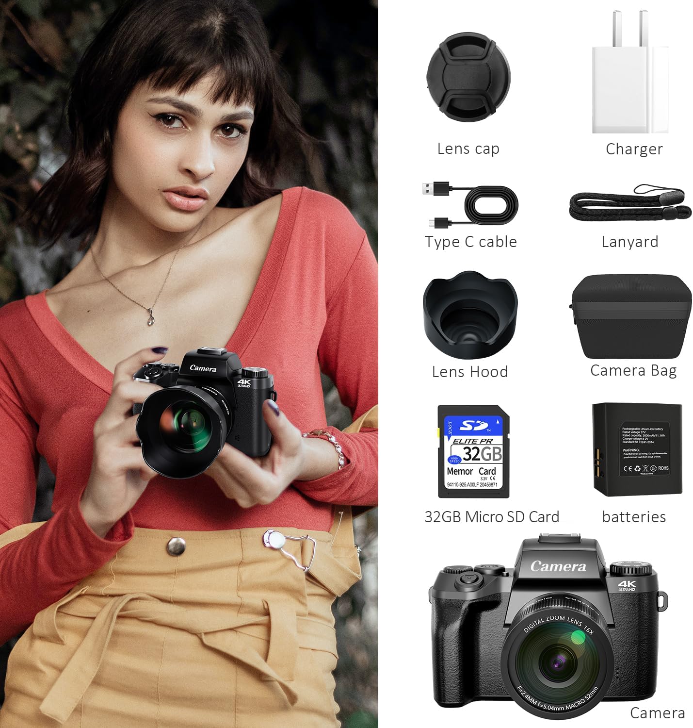 Saneen Digital Camera, 4k Cameras for Photography & Video, 64MP WiFi Touch Screen Vlogging Camera for YouTube with Flash, 32GB SD Card, Lens Hood, 3000mAH Battery, Front and Rear Cameras - Black