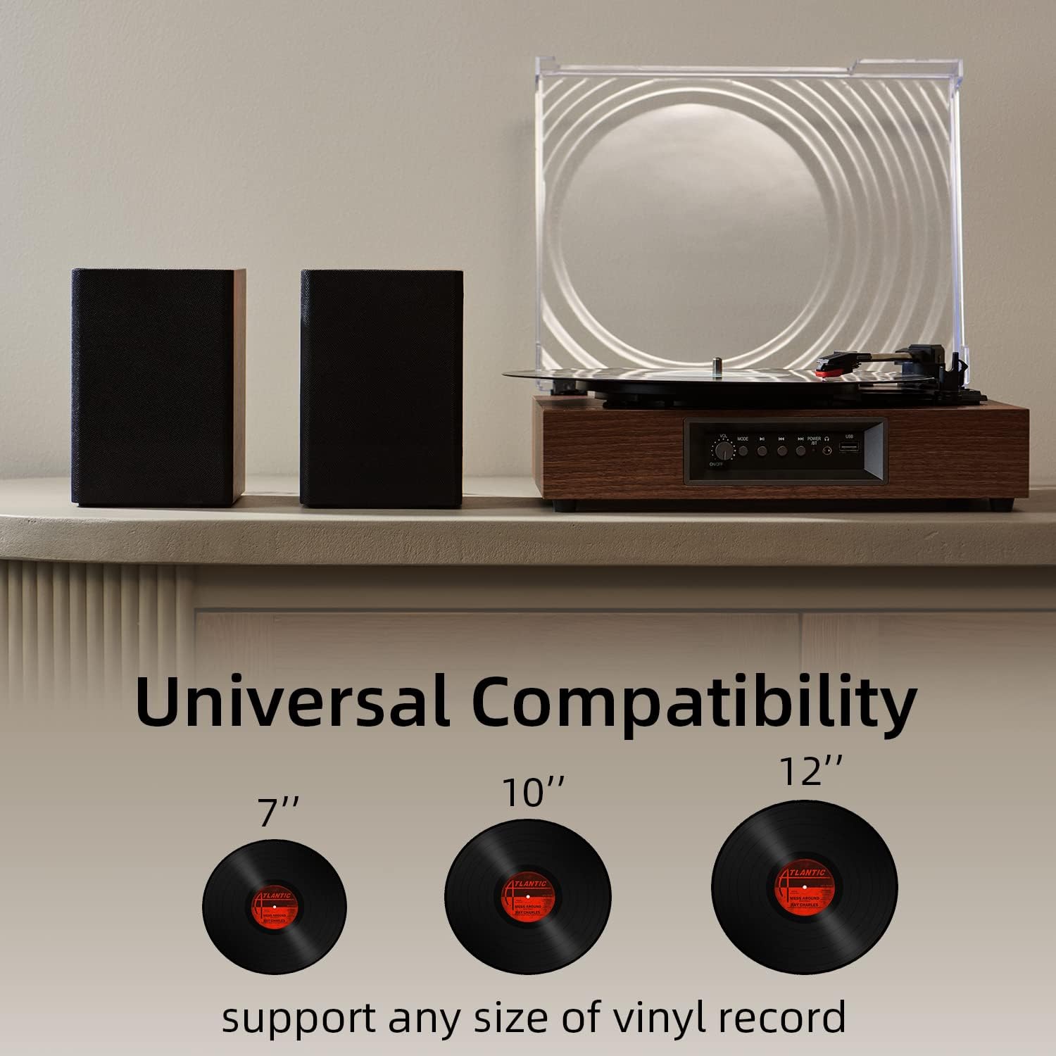Shooron Vinyl Record Player with Powerful External Bookshelf Speakers, 3-Speed Belt-Driven Turntable with Magnetic Cartridge Support Headphone/USB Mode