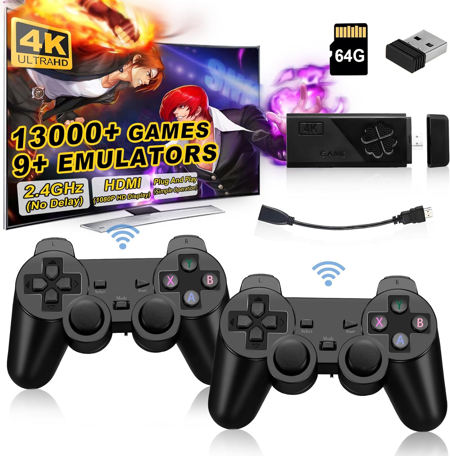 Wireless Retro Game Console, Retro Game Stick, Nostalgia Stick Game, Plug and Play Game Console Emulator Game Stick 4k 13000+ Games, 9 Classic Emulator, Consoles with Dual 2.4G Wireless Console