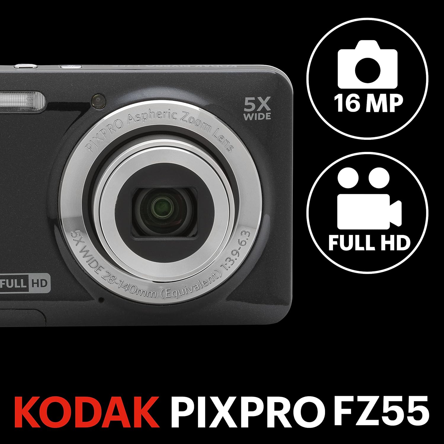 KODAK PIXPRO FZ55-BK 16MP Digital Camera 5X Optical Zoom 28mm Wide Angle 1080P Full HD Video 2.7