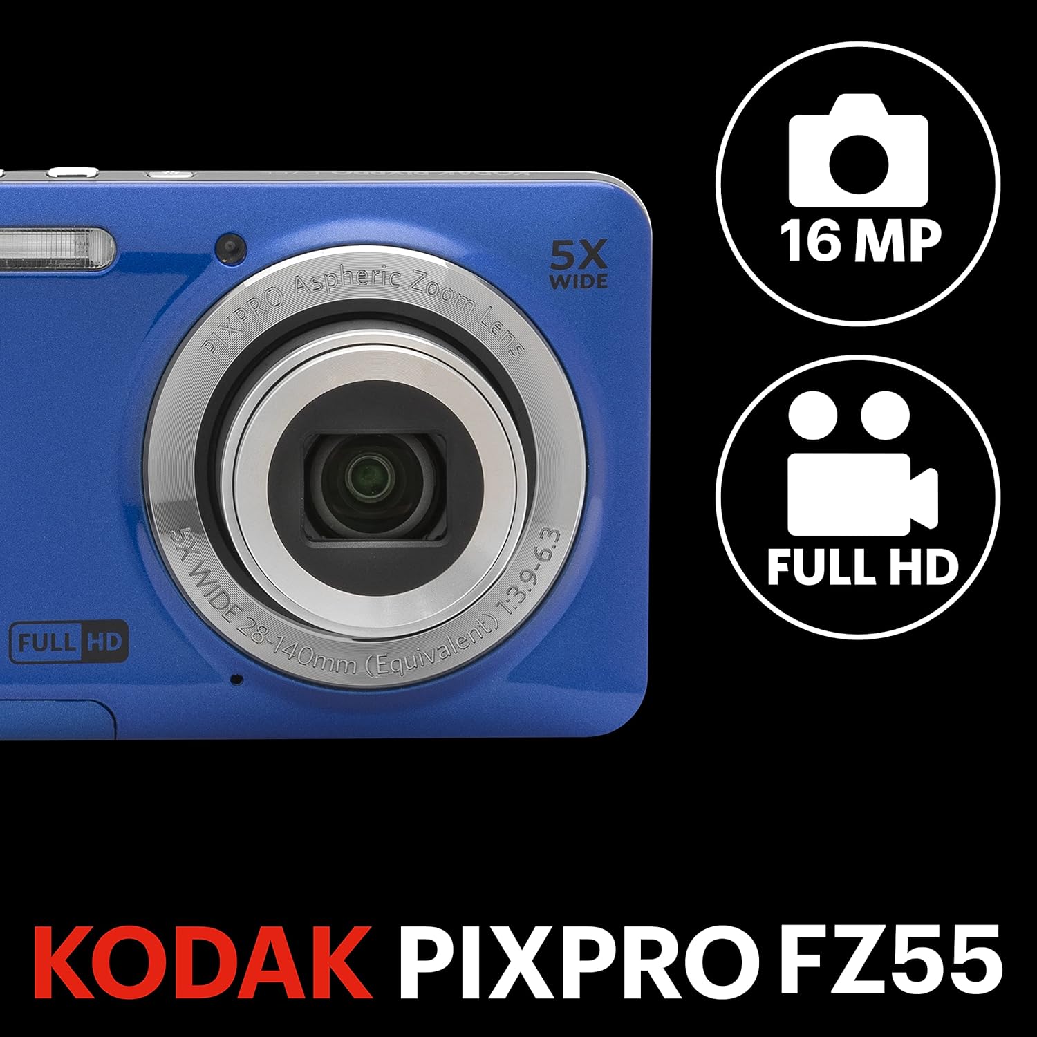KODAK PIXPRO FZ55-BK 16MP Digital Camera 5X Optical Zoom 28mm Wide Angle 1080P Full HD Video 2.7