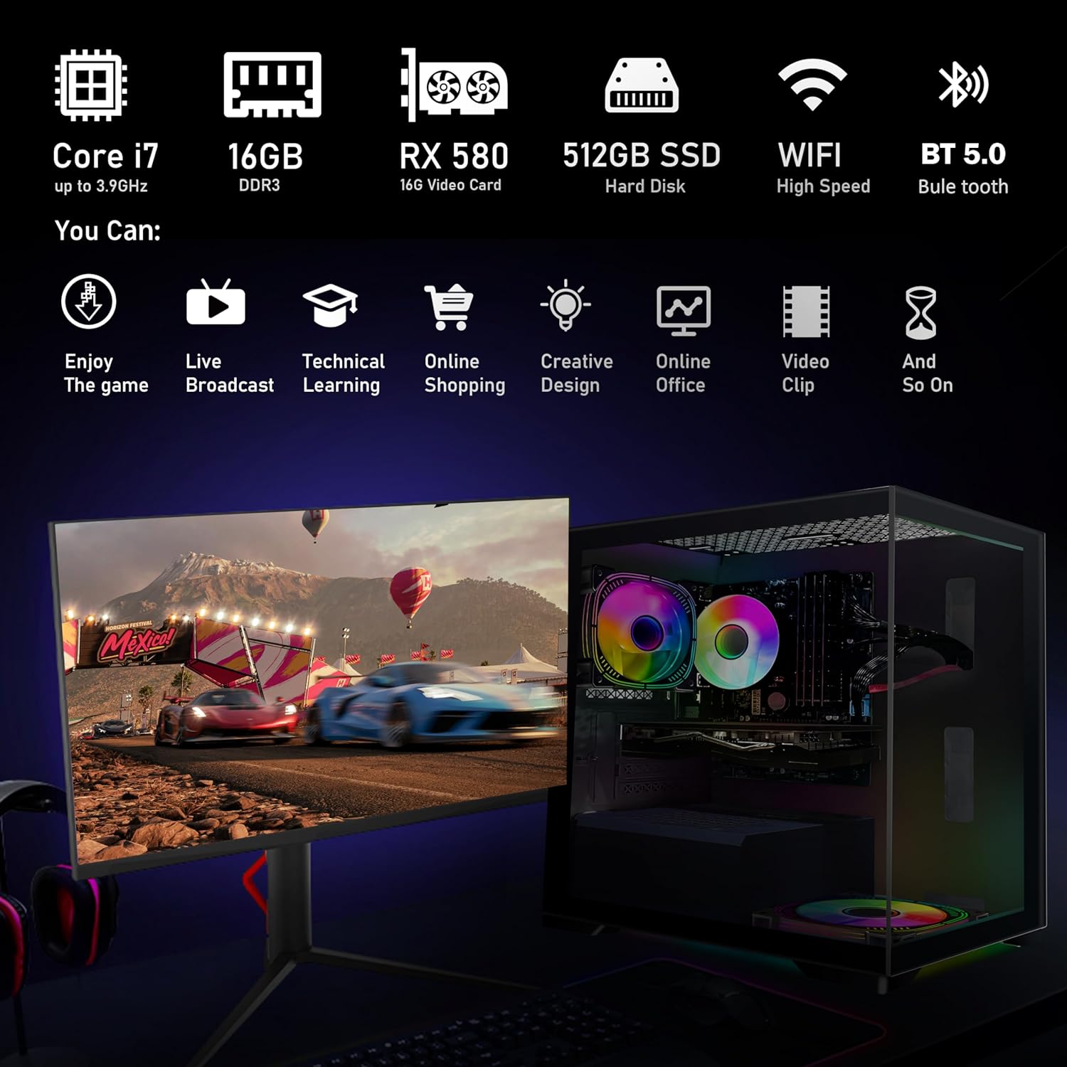 STGAubron Gaming Desktop PC Computer,Intel Core I7 3.4 GHz up to 3.9 GHz,Radeon RX 580 8G GDDR5,16G RAM,512G SSD,WiFi,Bluetooth 5.0,RGB Fanx6,RGB Keyboard&Mouse&Mouse Pad,RGB BT Sound Bar,W10H64