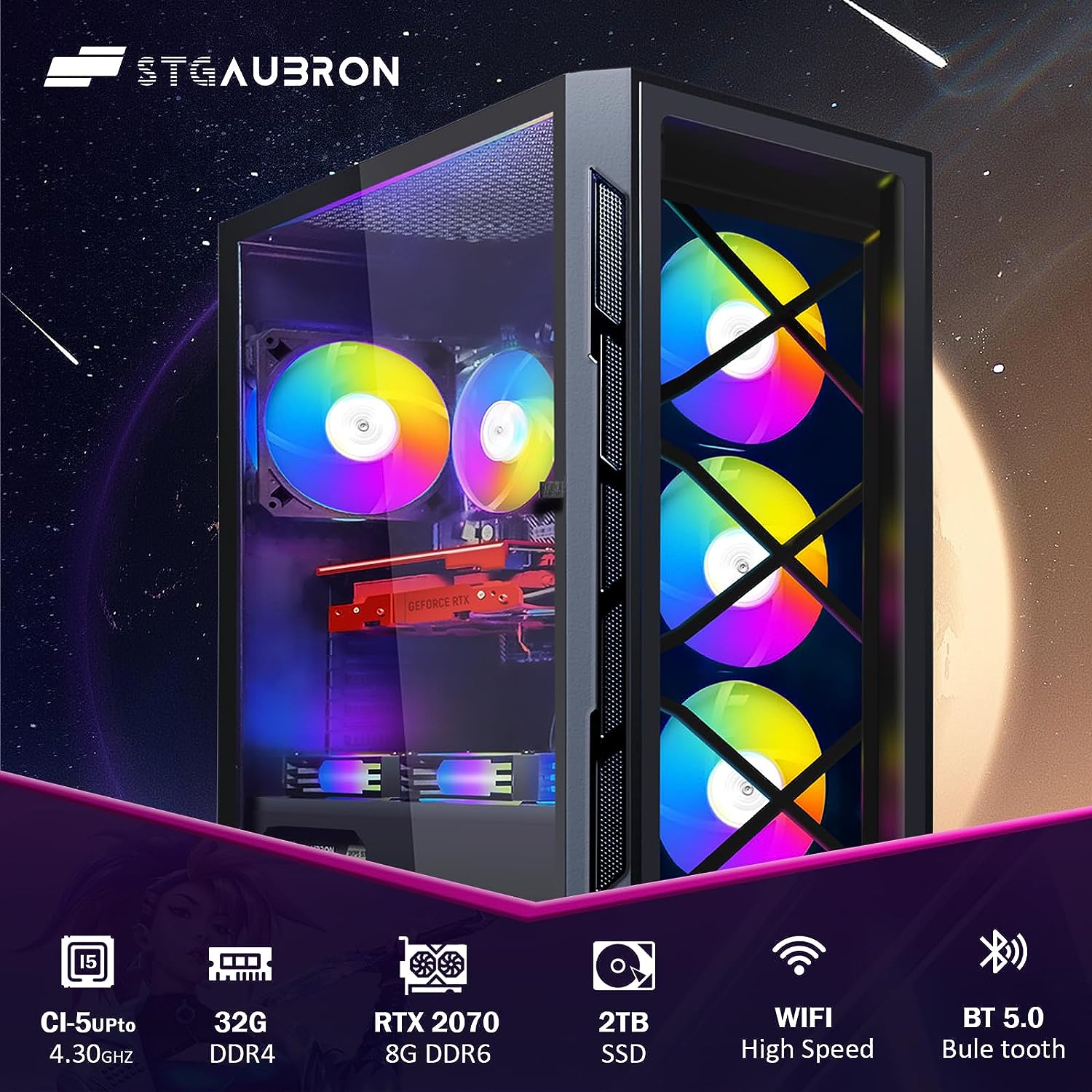 STGAubron Gaming Desktop PC Computer,Intel Core I7 3.4 GHz up to 3.9 GHz,Radeon RX 580 8G GDDR5,16G RAM,512G SSD,WiFi,Bluetooth 5.0,RGB Fanx6,RGB Keyboard&Mouse&Mouse Pad,RGB BT Sound Bar,W10H64