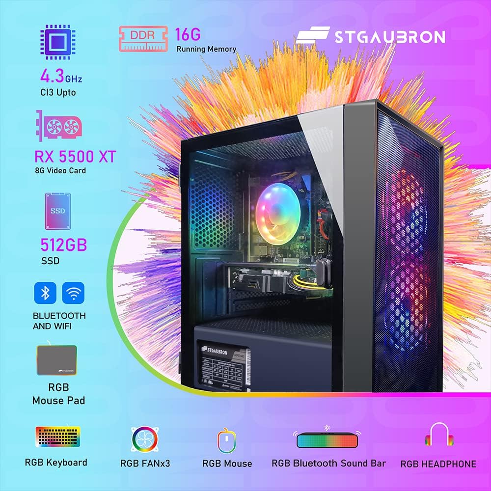 STGAubron Gaming Desktop PC Computer,Intel Core I7 3.4 GHz up to 3.9 GHz,Radeon RX 580 8G GDDR5,16G RAM,512G SSD,WiFi,Bluetooth 5.0,RGB Fanx6,RGB Keyboard&Mouse&Mouse Pad,RGB BT Sound Bar,W10H64