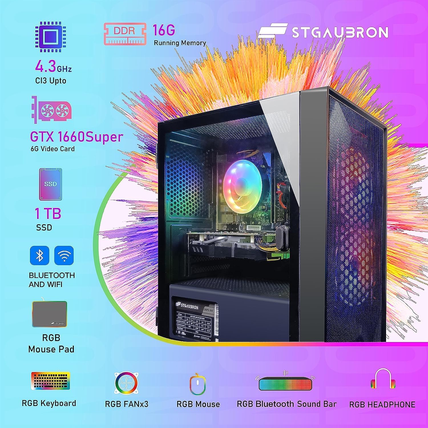 STGAubron Gaming Desktop PC Computer,Intel Core I7 3.4 GHz up to 3.9 GHz,Radeon RX 580 8G GDDR5,16G RAM,512G SSD,WiFi,Bluetooth 5.0,RGB Fanx6,RGB Keyboard&Mouse&Mouse Pad,RGB BT Sound Bar,W10H64