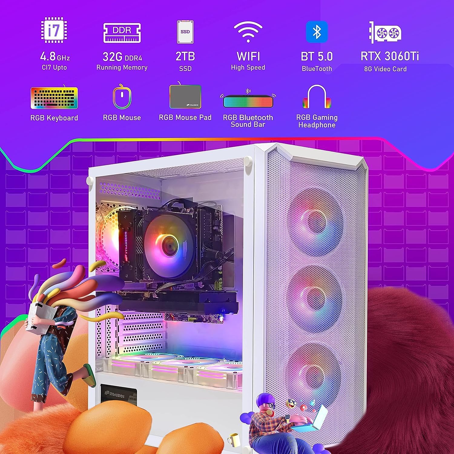 STGAubron Gaming Desktop PC Computer,Intel Core I7 3.4 GHz up to 3.9 GHz,Radeon RX 580 8G GDDR5,16G RAM,512G SSD,WiFi,Bluetooth 5.0,RGB Fanx6,RGB Keyboard&Mouse&Mouse Pad,RGB BT Sound Bar,W10H64