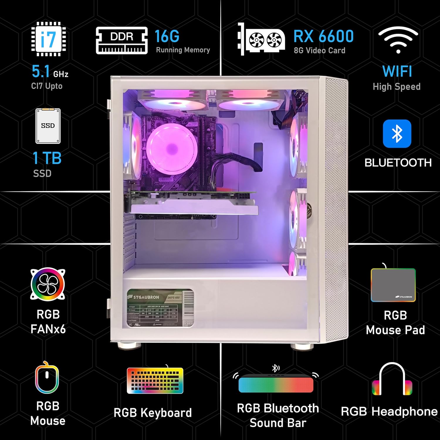 STGAubron Gaming Desktop PC Computer,Intel Core I7 3.4 GHz up to 3.9 GHz,Radeon RX 580 8G GDDR5,16G RAM,512G SSD,WiFi,Bluetooth 5.0,RGB Fanx6,RGB Keyboard&Mouse&Mouse Pad,RGB BT Sound Bar,W10H64