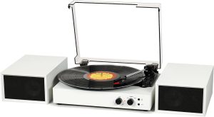 Vinyl Record Player with External Speakers, Wireless Bluetooth Playback 3 Speed Vintage Belt-Driven Turntable with Speakers, MP3 PC Encoding, RCA and Headphone Out, White