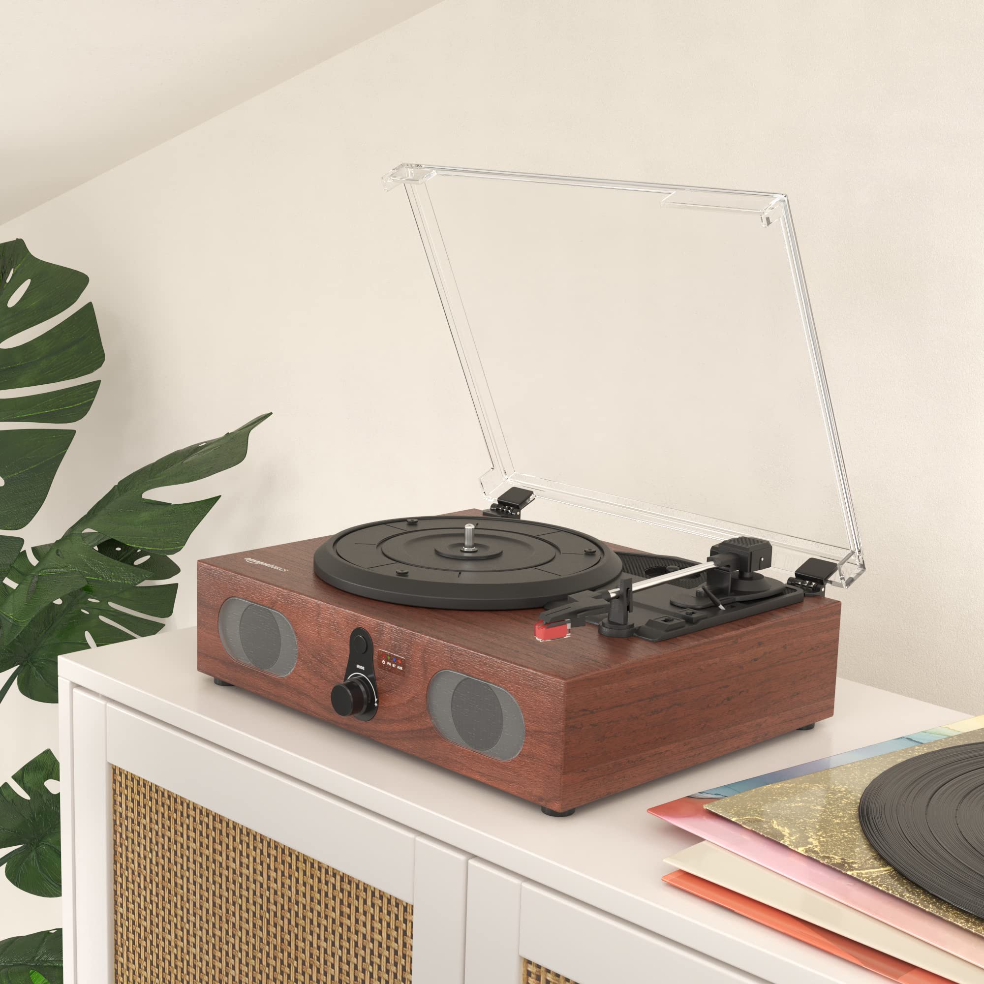 Amazon Basics Turntable Record Player with Built-in Speakers and Bluetooth, Desktop, Black