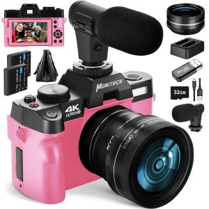 Monitech Digital Camera for Photography 4K, 48MP Vlogging Camera for YouTube and Video,with 180° Flip Screen,16X Digital Zoom,52mm Wide Angle & Macro Lens, 2 Batteries, Autofocus,32GB TF Card