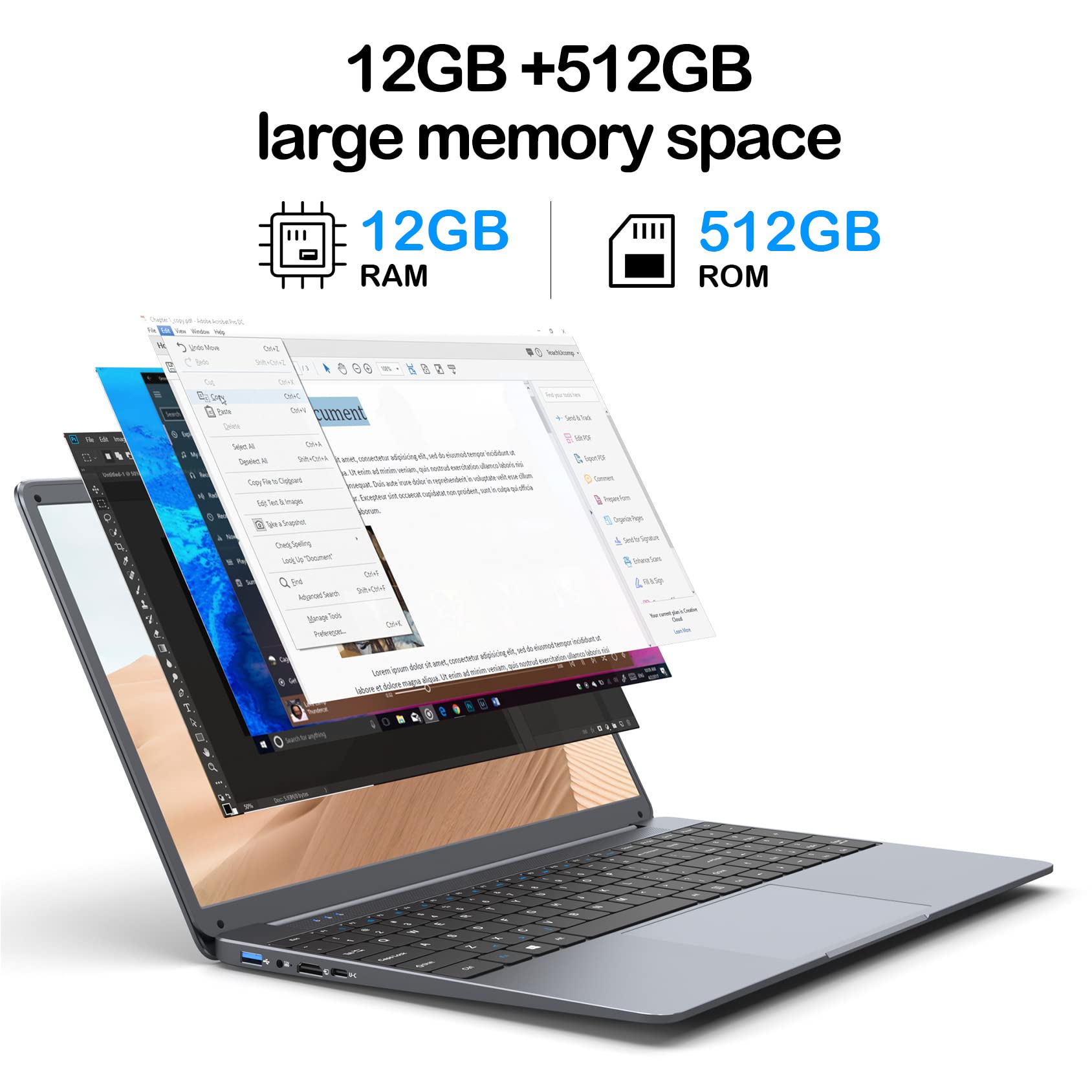 SGIN Laptop 15.6 inch IPS FHD Display, 12GB DDR4 512GB SSD Laptops Computer, Intel Celeron N5095 Quad Core Processor, 1920 * 1080, Dual Band WiFi, Bluetooth 4.2, Mini HDMI, 512GB TF Card Expansion