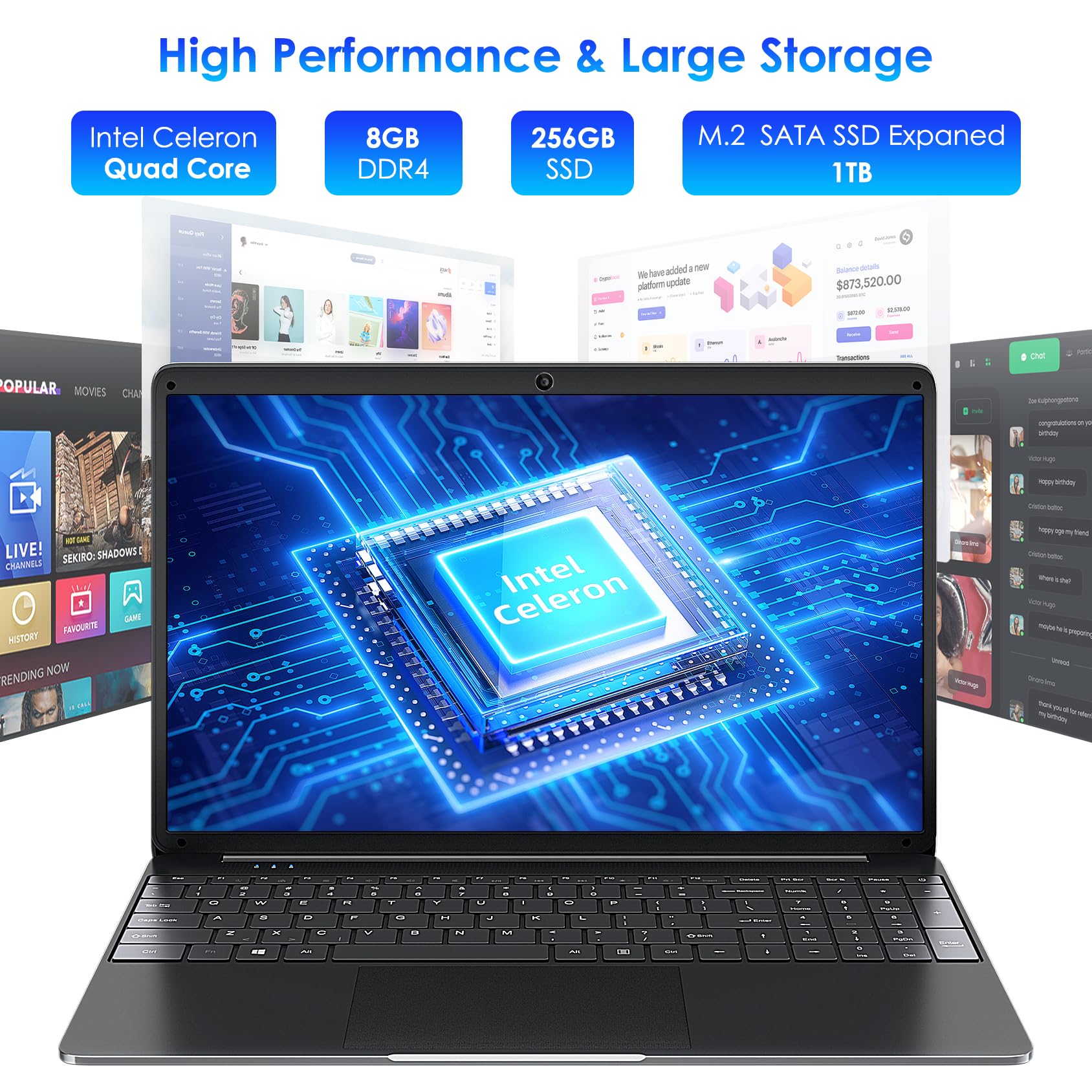 SGIN Laptop 15.6 inch IPS FHD Display, 12GB DDR4 512GB SSD Laptops Computer, Intel Celeron N5095 Quad Core Processor, 1920 * 1080, Dual Band WiFi, Bluetooth 4.2, Mini HDMI, 512GB TF Card Expansion