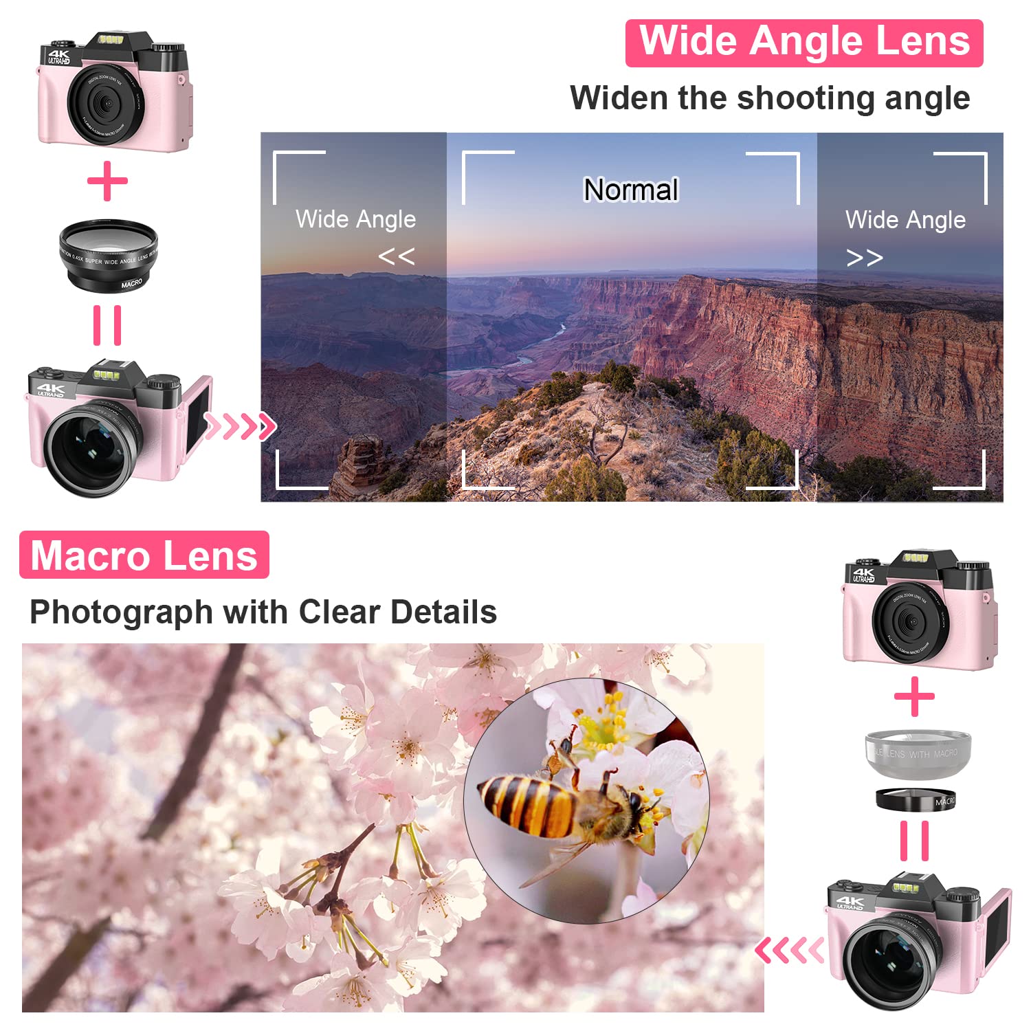 VETEK 4K Digital Cameras for Photography 48MP Vlogging Camera 16X Digital Zoom Manual Focus Rechargeable Students Compact Camera with 52mm Wide-Angle & Macro Lens, 32G TF Card and 2 Batteries W01
