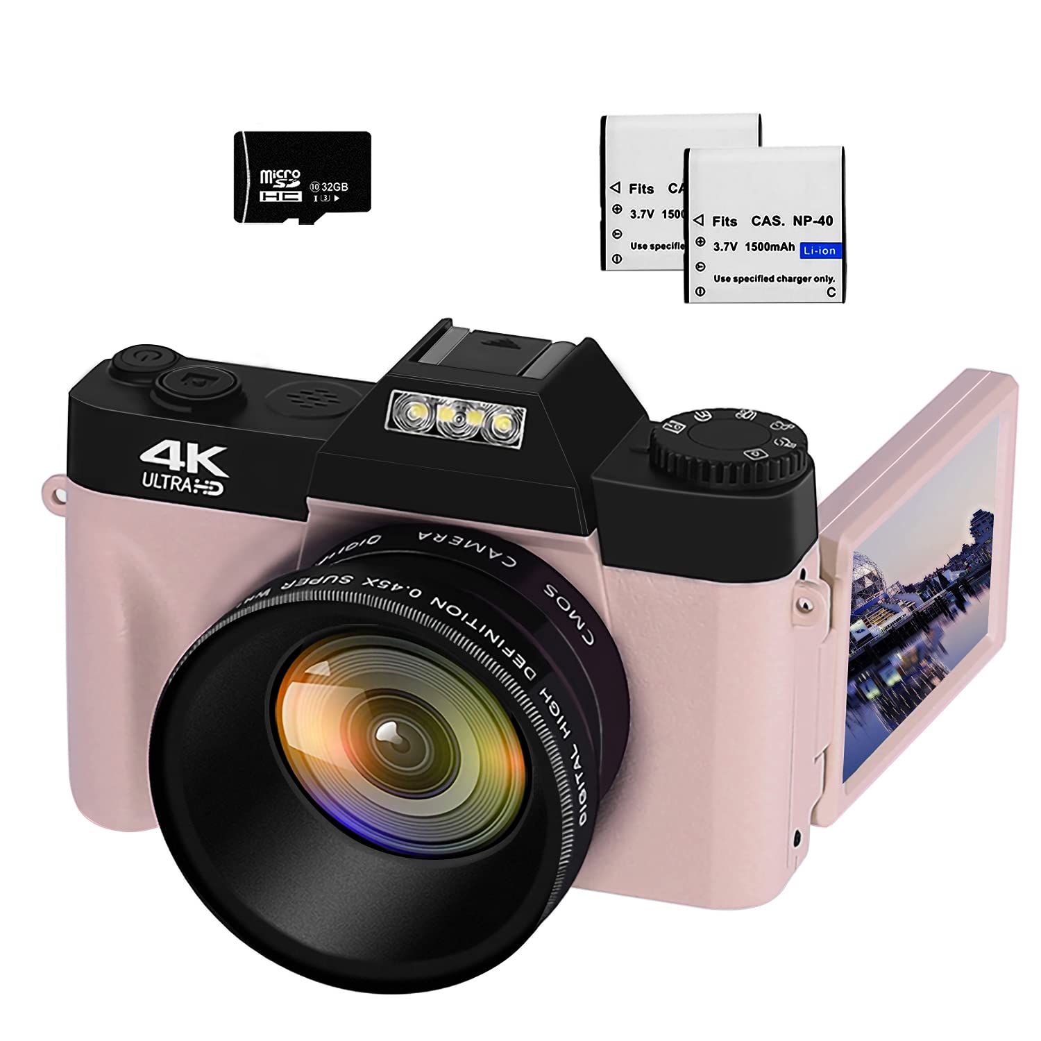 VETEK 4K Digital Cameras for Photography 48MP Vlogging Camera 16X Digital Zoom Manual Focus Rechargeable Students Compact Camera with 52mm Wide-Angle & Macro Lens, 32G TF Card and 2 Batteries W01