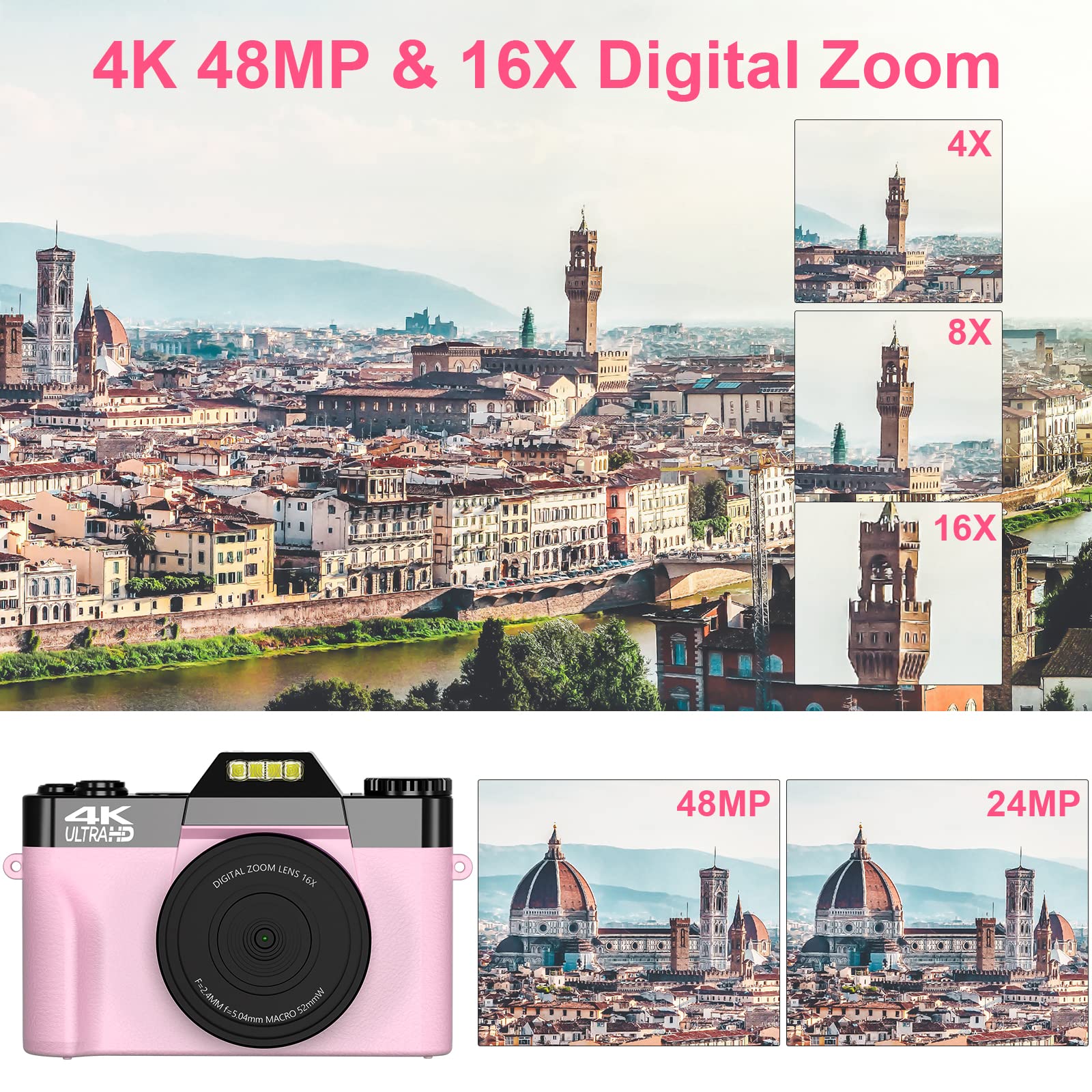 VETEK 4K Digital Cameras for Photography 48MP Vlogging Camera 16X Digital Zoom Manual Focus Rechargeable Students Compact Camera with 52mm Wide-Angle & Macro Lens, 32G TF Card and 2 Batteries W01