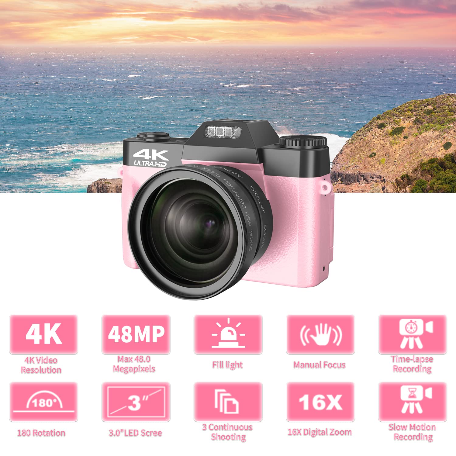 VETEK 4K Digital Cameras for Photography 48MP Vlogging Camera 16X Digital Zoom Manual Focus Rechargeable Students Compact Camera with 52mm Wide-Angle & Macro Lens, 32G TF Card and 2 Batteries W01