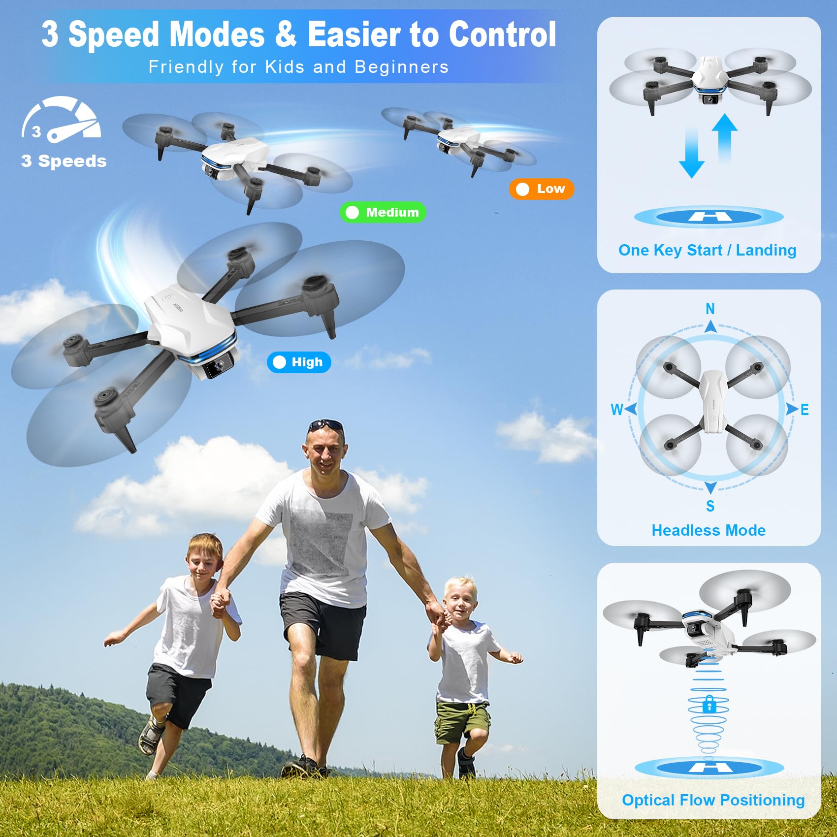 Drone with Camera 1080P HD FPV Foldable Drone for Beginners and Kids, Quadcopter with Voice Gesture Control with Carrying Case, One Key Take Off/Land, Optical Flow Positioning, 360° Flip, Waypoint Fly
