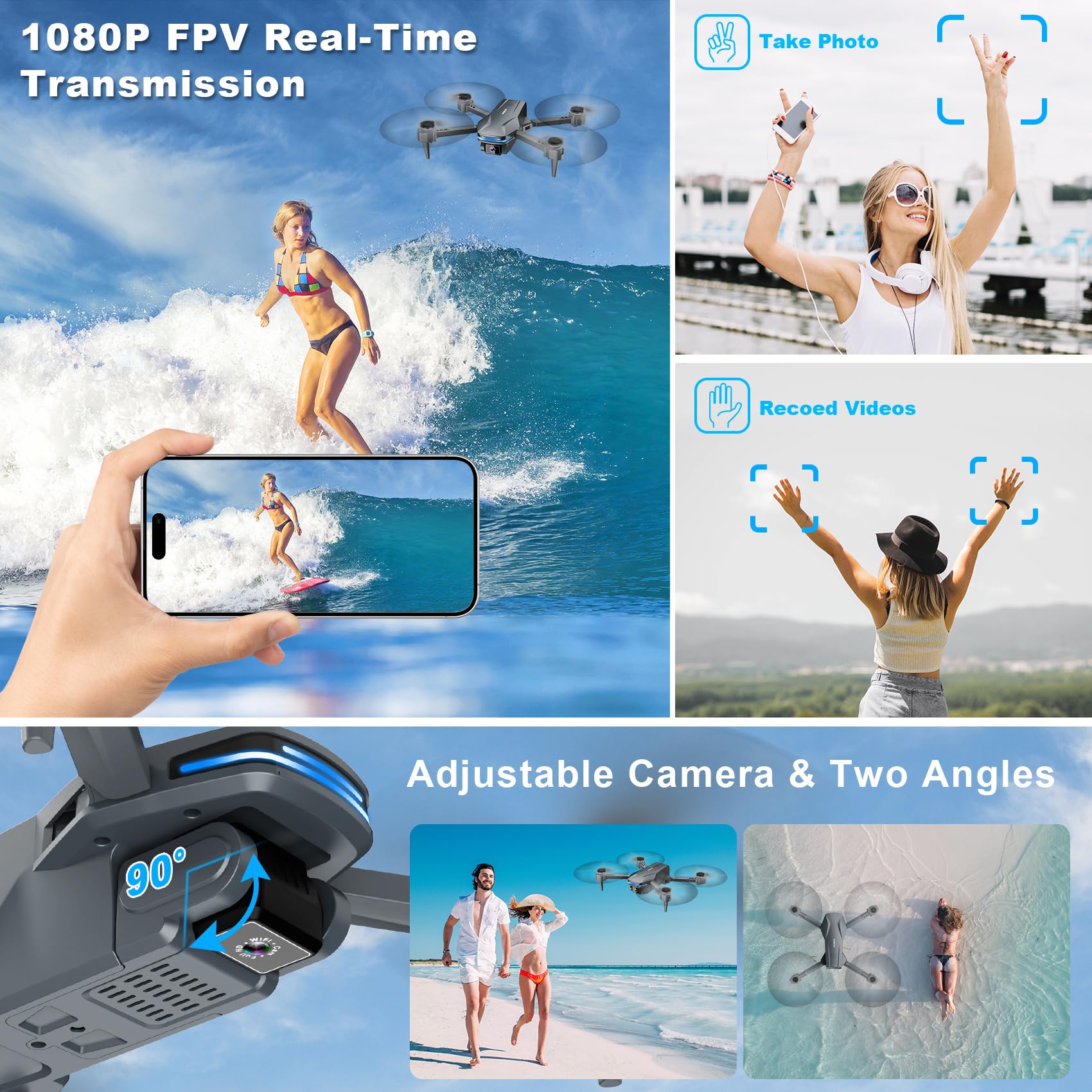 Drone with Camera 1080P HD FPV Foldable Drone for Beginners and Kids, Quadcopter with Voice Gesture Control with Carrying Case, One Key Take Off/Land, Optical Flow Positioning, 360° Flip, Waypoint Fly