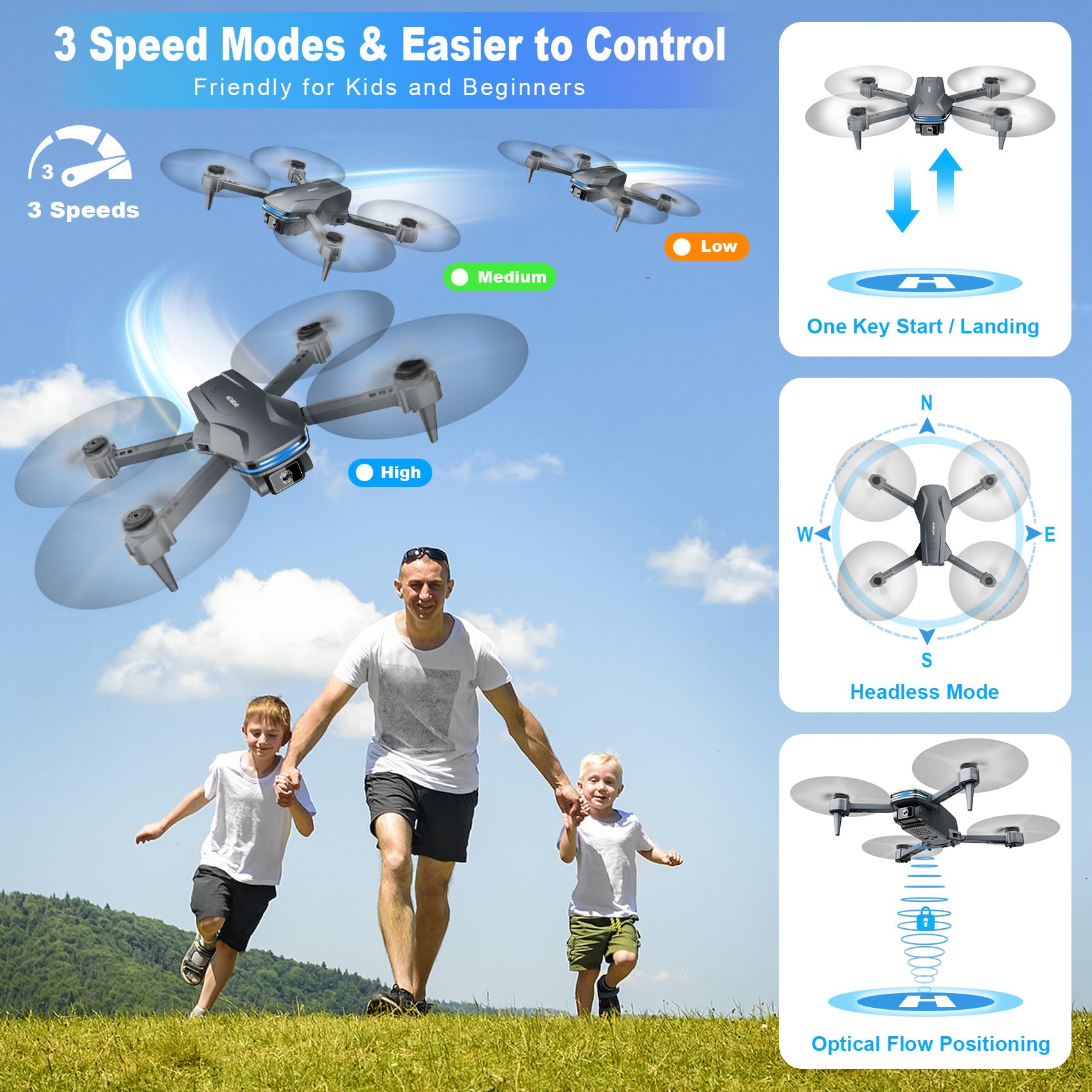 Drone with Camera 1080P HD FPV Foldable Drone for Beginners and Kids, Quadcopter with Voice Gesture Control with Carrying Case, One Key Take Off/Land, Optical Flow Positioning, 360° Flip, Waypoint Fly