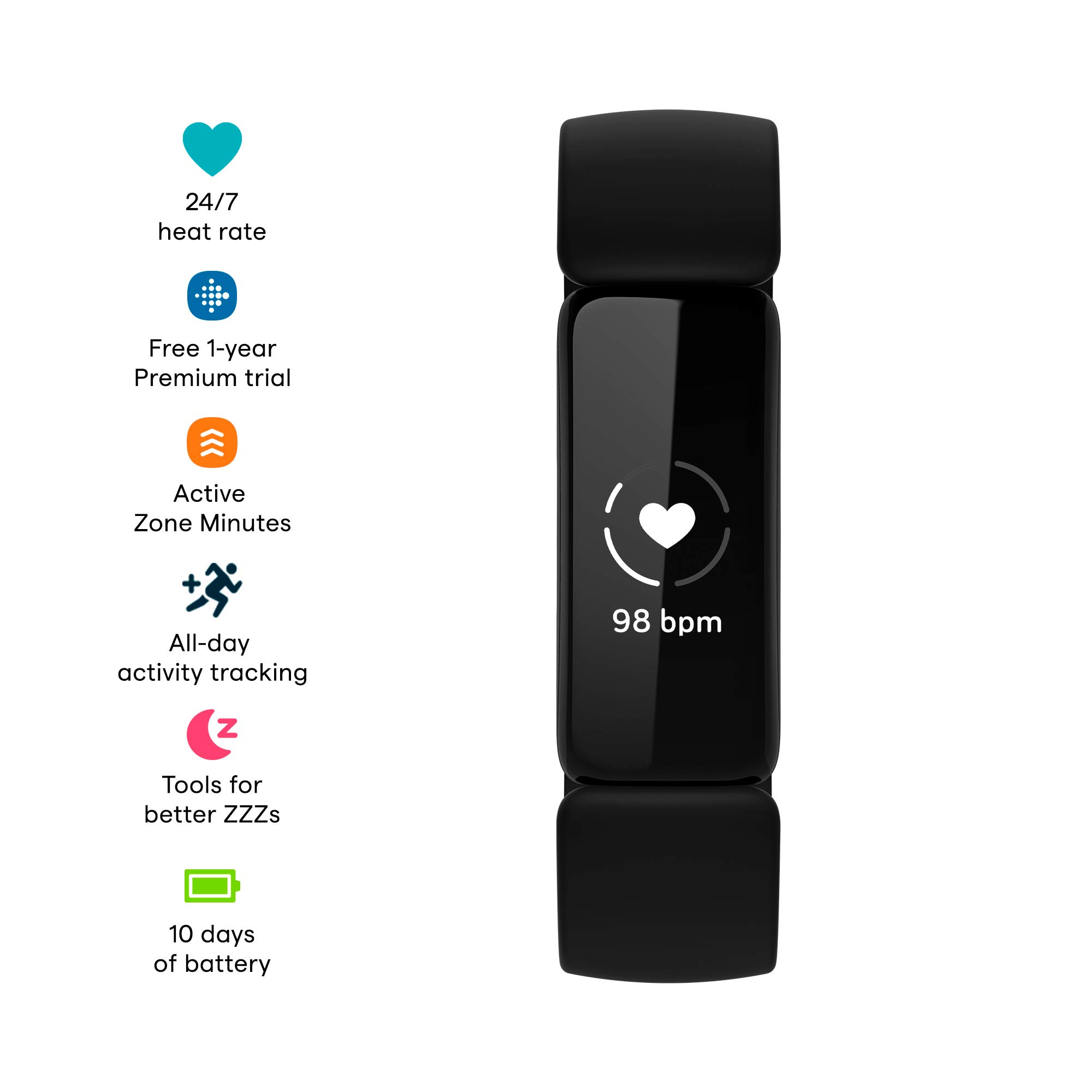 Fitbit Inspire 2 Health & Fitness Tracker with a Free 1-Year Fitbit Premium Trial, 24/7 Heart Rate, Black/Black, One Size (S & L Bands Included)