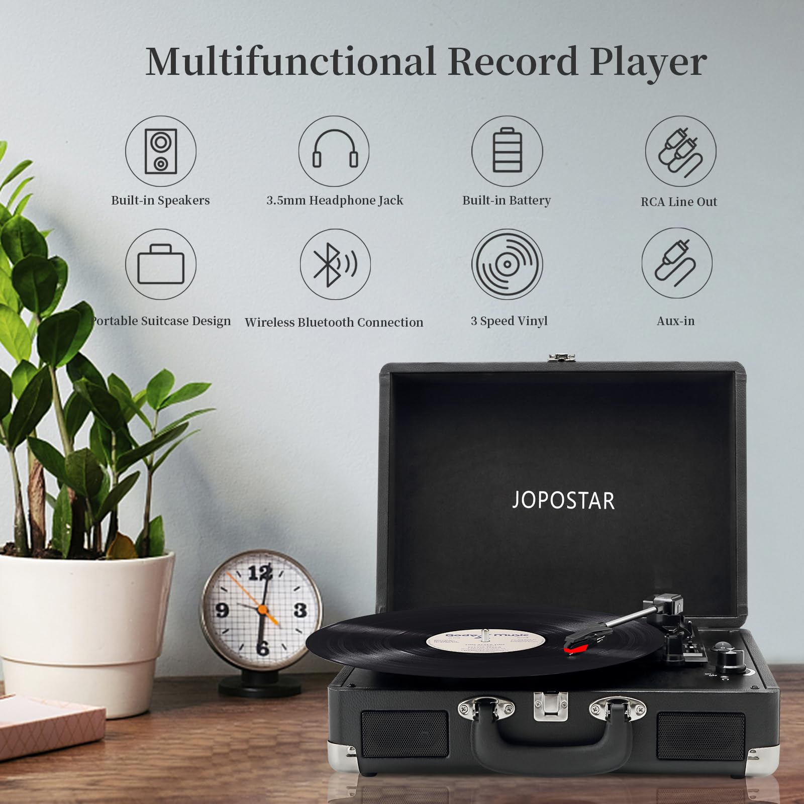 JOPOSTAR Vintage Vinyl Record Player 3 Speed Turntable Portable Suitcase with Bluetooth Built in Battery Stereo Speakers 3.5mm Headphone Jack, Black