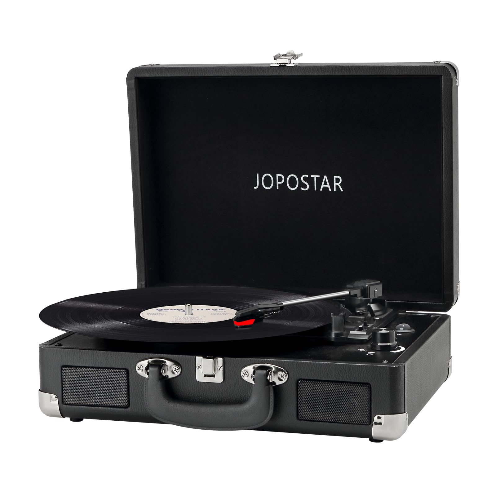 JOPOSTAR Vintage Vinyl Record Player 3 Speed Turntable Portable Suitcase with Bluetooth Built in Battery Stereo Speakers 3.5mm Headphone Jack, Black