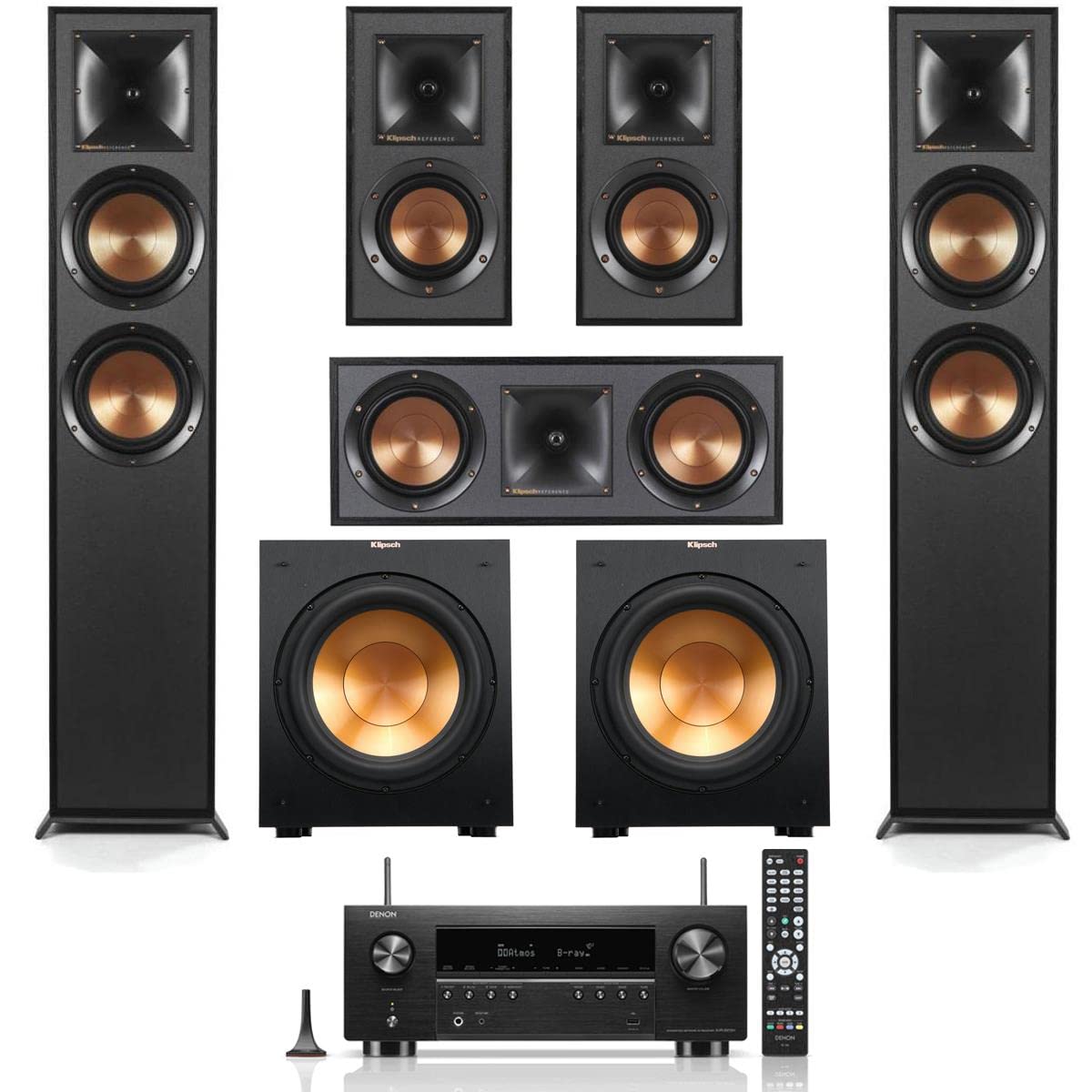 Klipsch Reference 5.2 Home Theater System, 2X R-625FA Floorstanding Speaker, R-52C Center Channel, 2X R-41M Bookshelf Speaker, 2X R-12SW Subwoofer, AVR-S970H 7.2 Receiver, Black